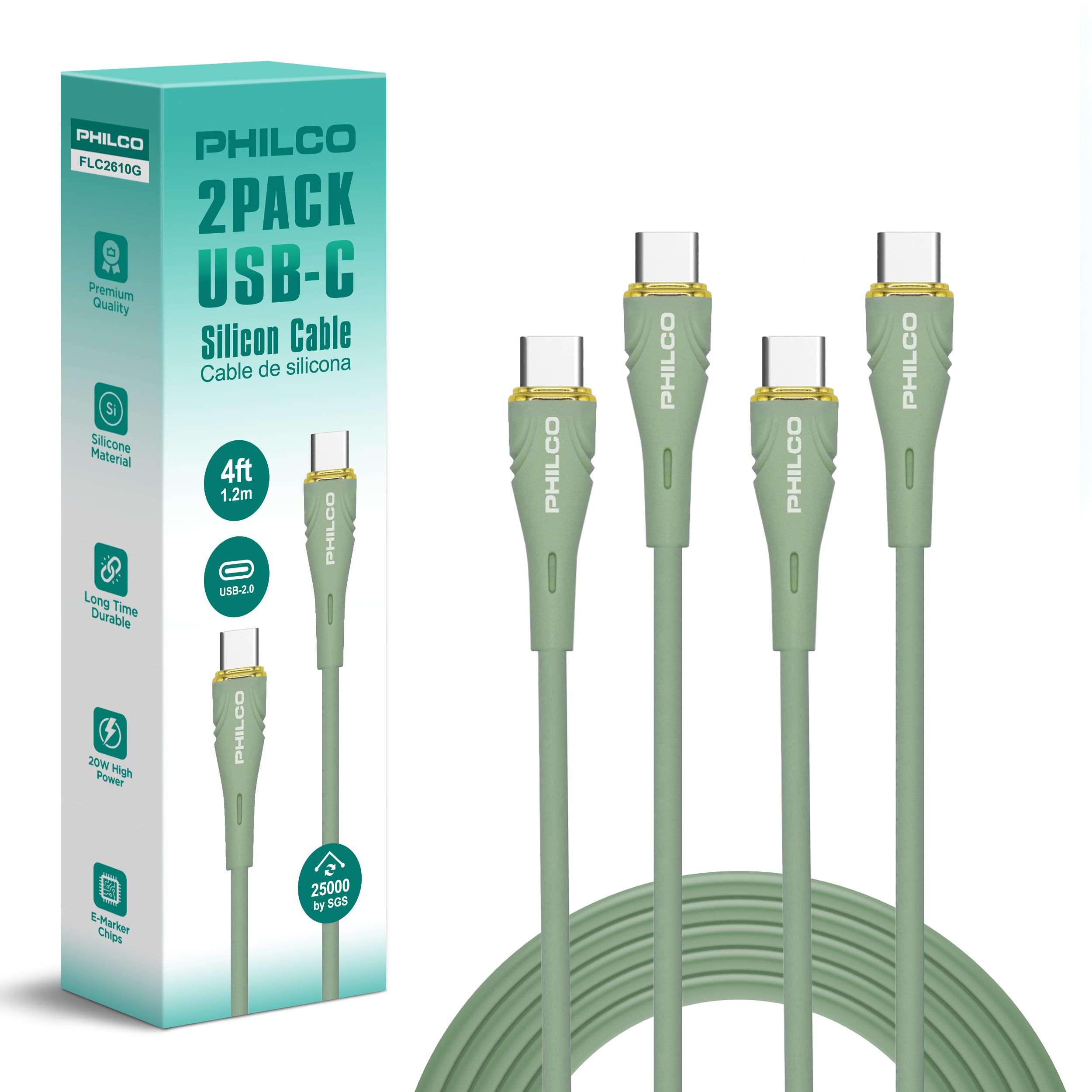 Philco USB C to USB C Cable, Type C Fast Charging Cable, 4FT, 20W Silicone Tangle Free USBC Cable for iPhone 15,16, MacBook Pro, iPad Air 4, iPad Pro & More (2, Green)