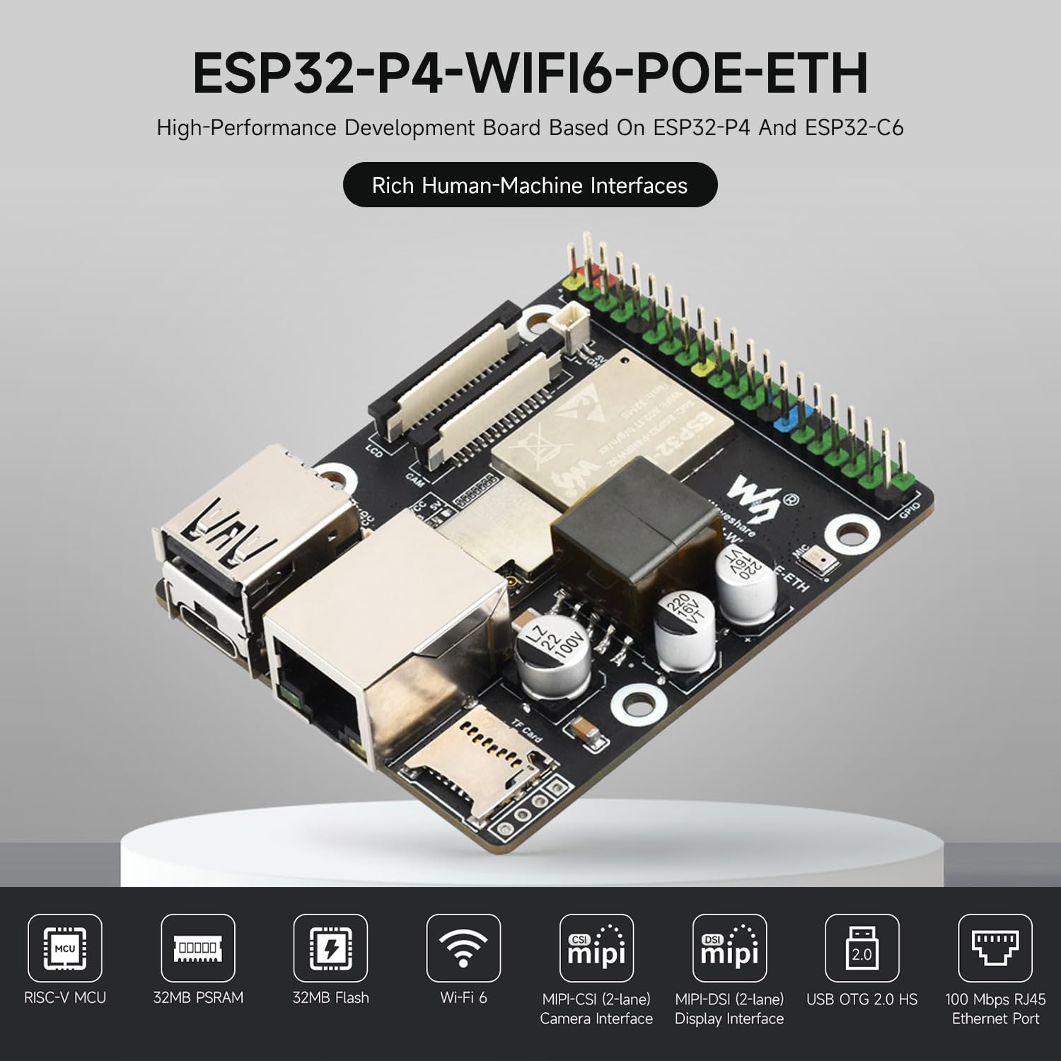 Waveshare ESP32-P4-WIFI6-POE-ETH High-Performance Development Board, Based on ESP32-P4 and ESP32-C6, Supports Wi-FI 6 and BT 5 (Le), with Integrated PoE Module for PoE Power Supply