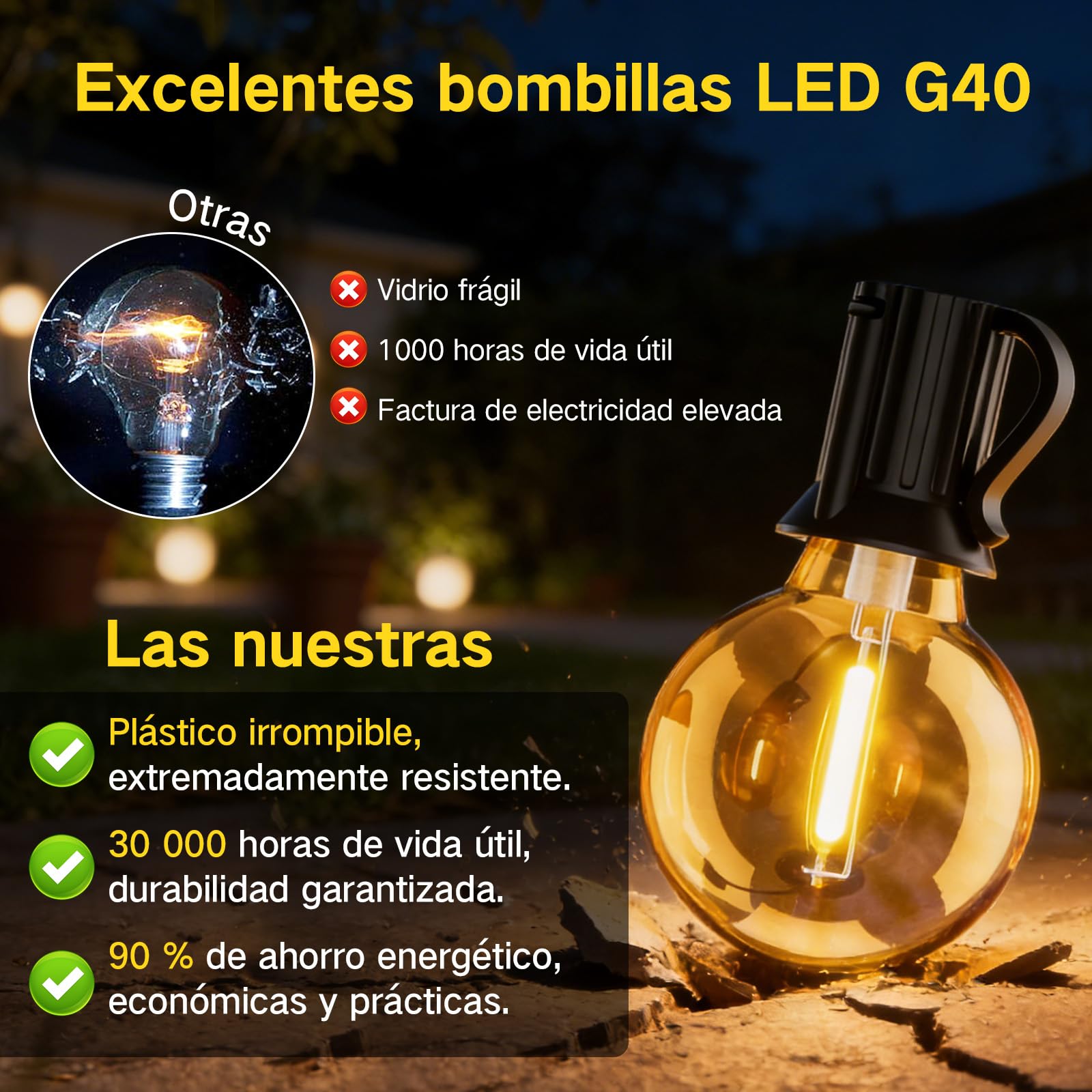 Guirnalda Luces Exterior Enchufe, 45M 147.6FT G40 con 55+2 Bombillas Exterior Guirnalda, Impermeable Regulable Luces LED Exterior Jardin para Patio, Fiesta, Café,Terraza decoracion