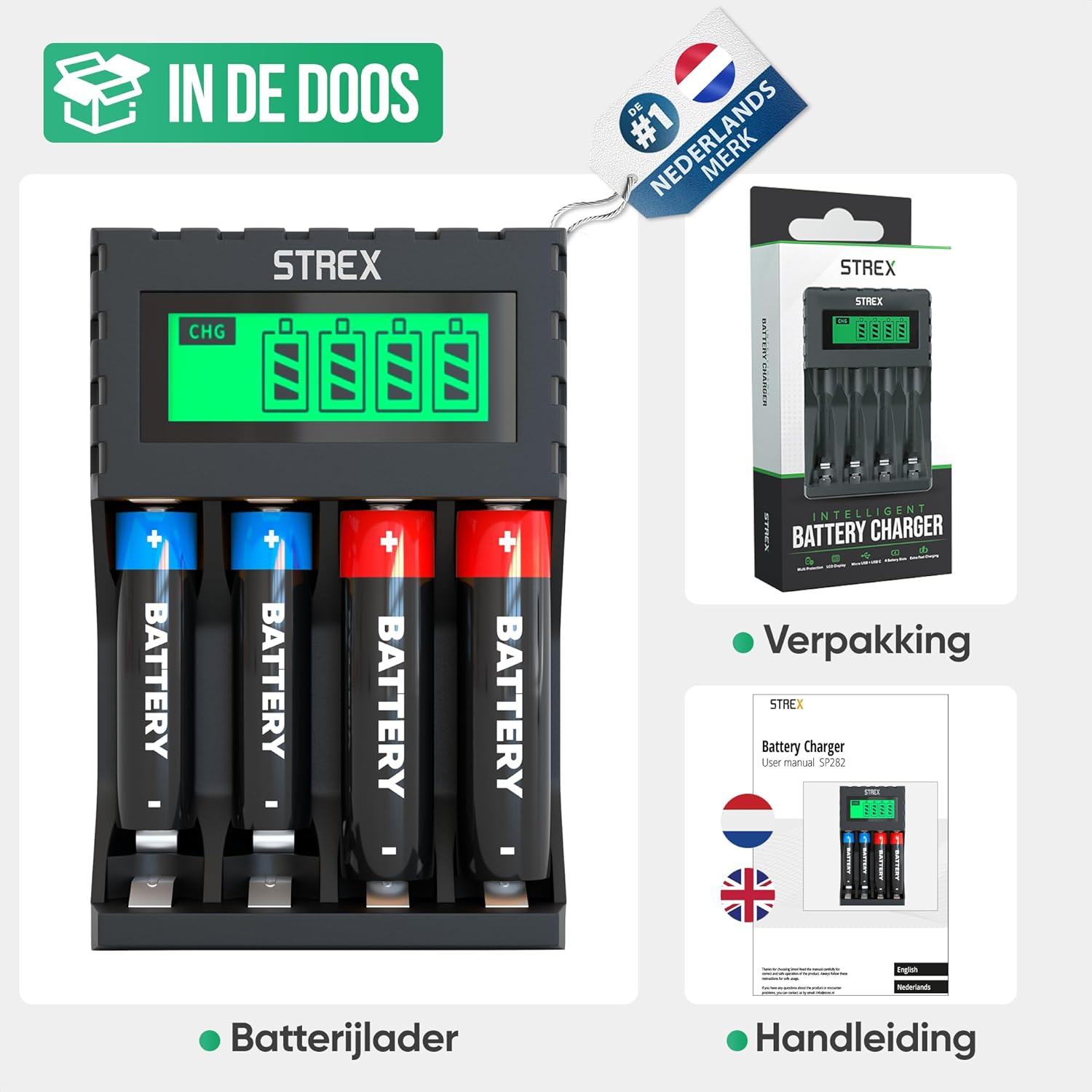 Strex battery charger packaging showing the charger, a user manual in English and Dutch, and the product box.