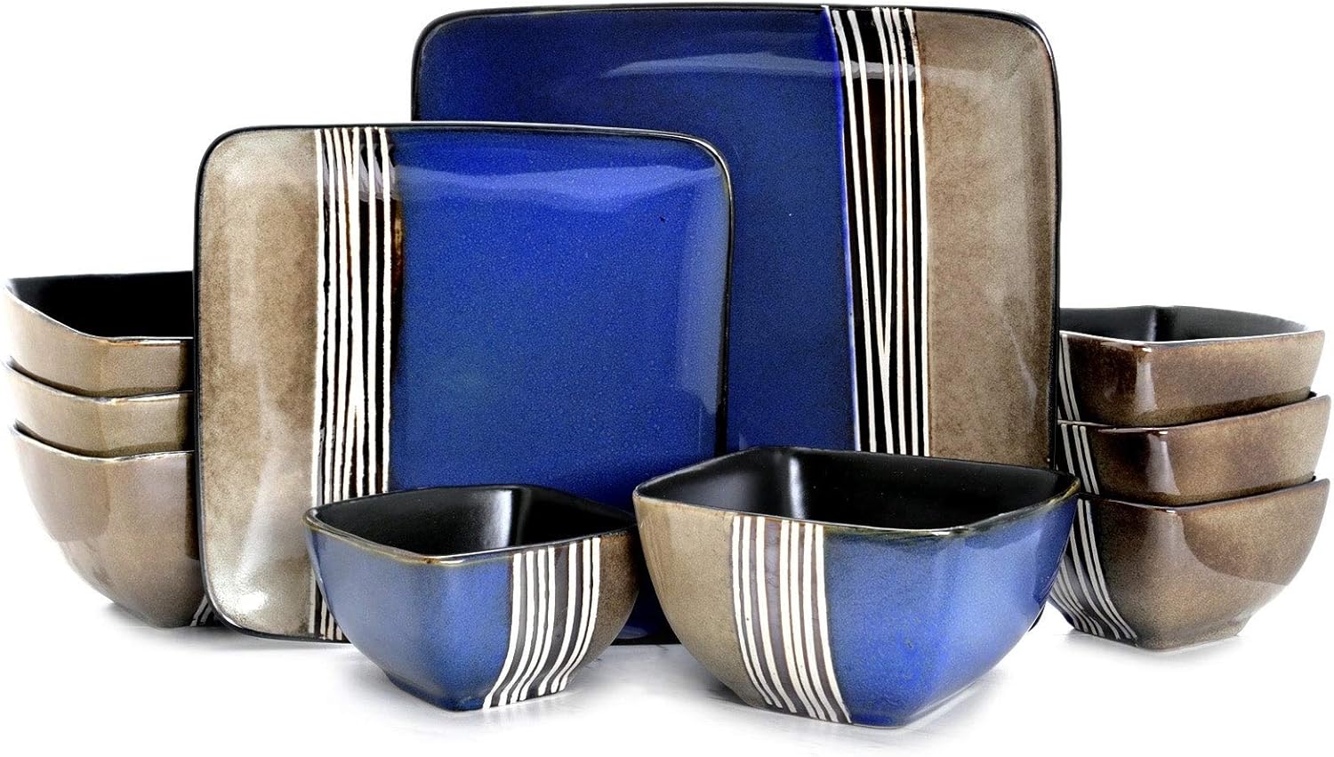Unknown1 Lounge 16 Piece Squared Dinnerware Set Blue Stripe Casual Square Stoneware Microwave Safe, Medium
