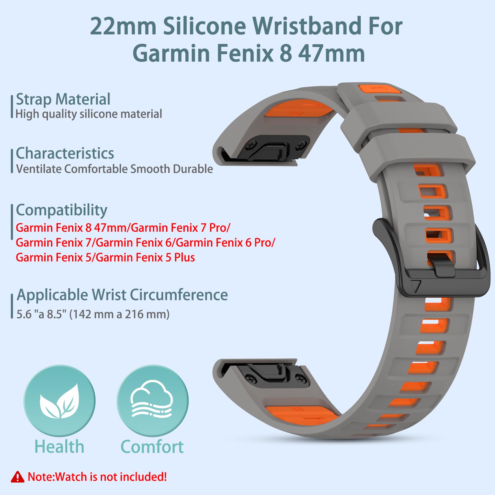 22mm Watch Band for Garmin Fenix 5/Fenix 6/Fenix 7/Fenix 8 47mm/Fenix E 47mm, Soft Silicone Band Strap Wristband with Quick Fit for Garmin Smart Watch (Army Green