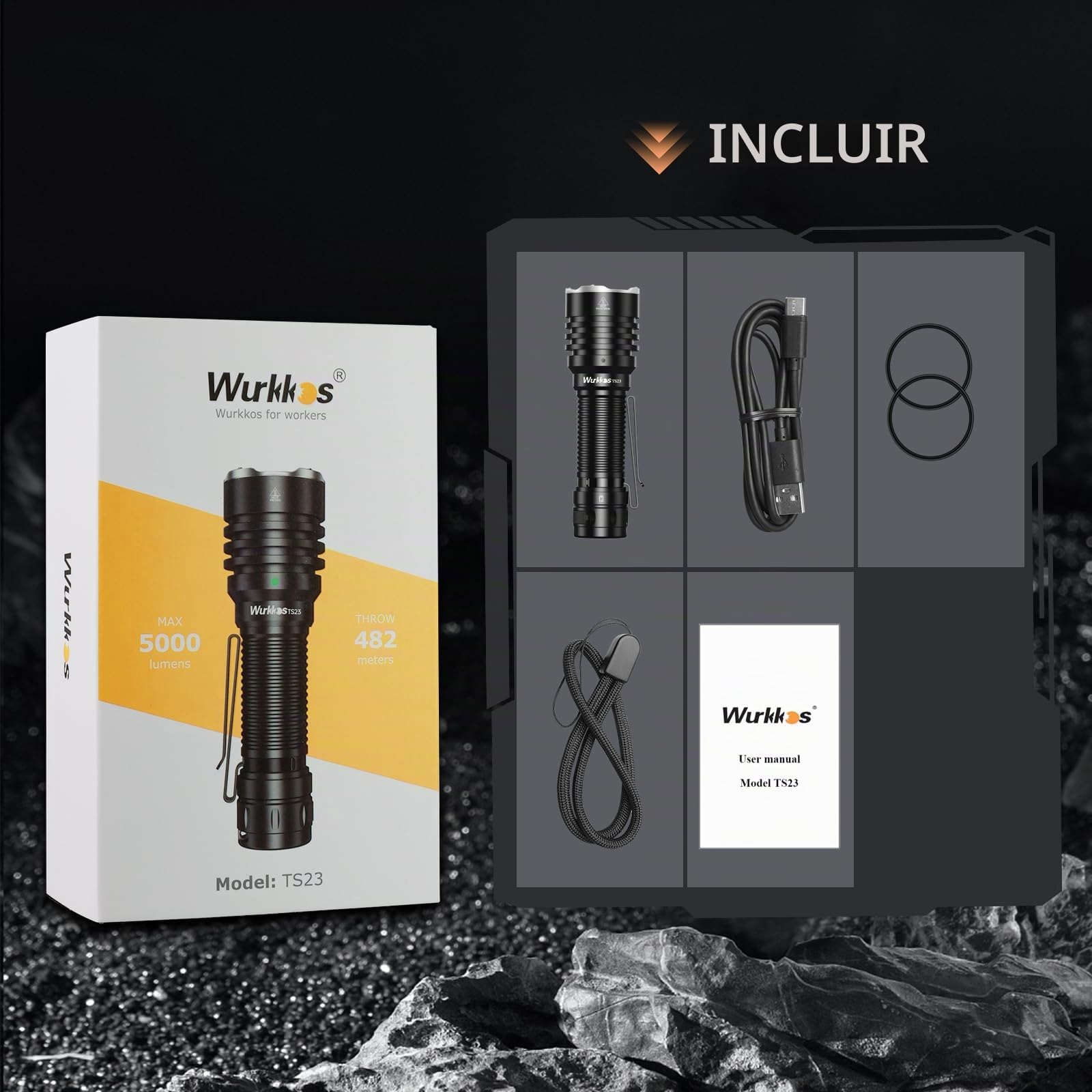 Wurkkos TS23 Linterna Led Táctica Recargable 5000 Lumens | 482m de Largo Alcance Potente Linterna de Militar, IP68 Impermeable, para Camping Aire Libre Senderismo Emergencia-Negro