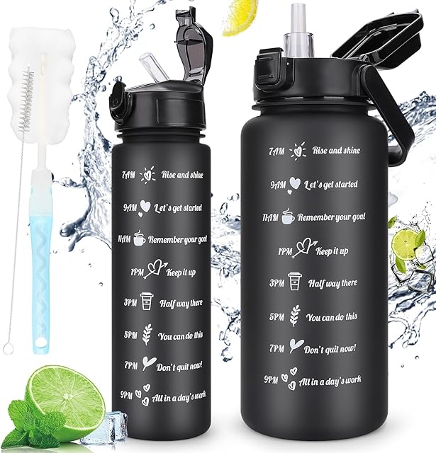 AOHAN 2 szt. bidon na wodę 2 l + 750 ml, motywacyjna butelka na wodę, bez BPA, sportowa butelka na wodę z oznaczeniem czasu, szczelna butelka na napoje do szkoły, biura, na wędrówki, fitness, czarna,