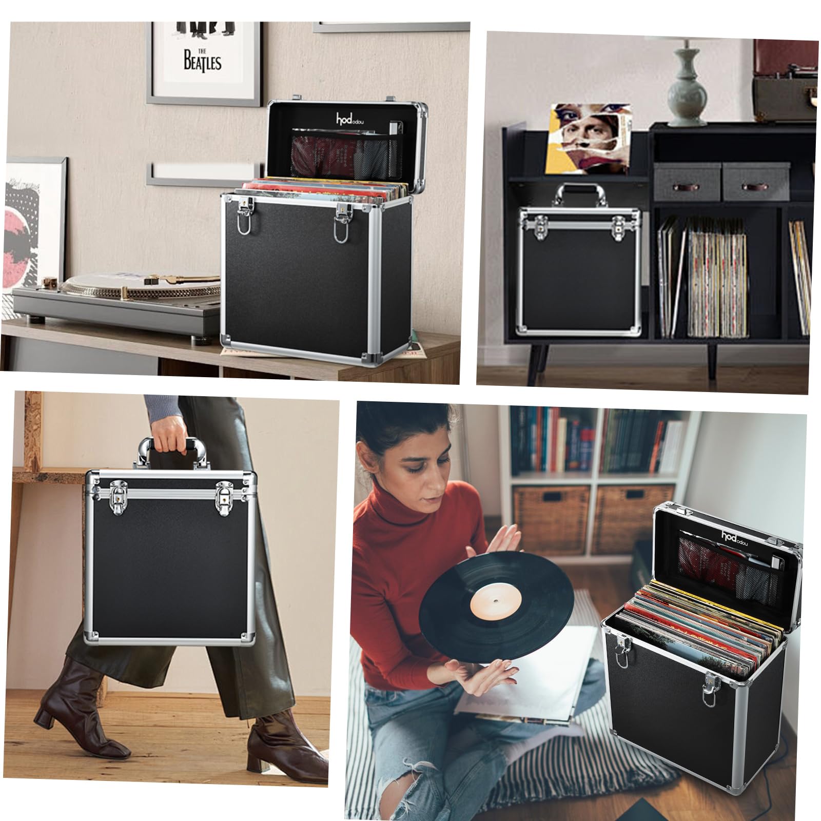 Caja para Vinilos Almacenamiento Transporte con Bolsillo de Malla Cierre Capacidad 45 Discos para Coleccionistas Negro
