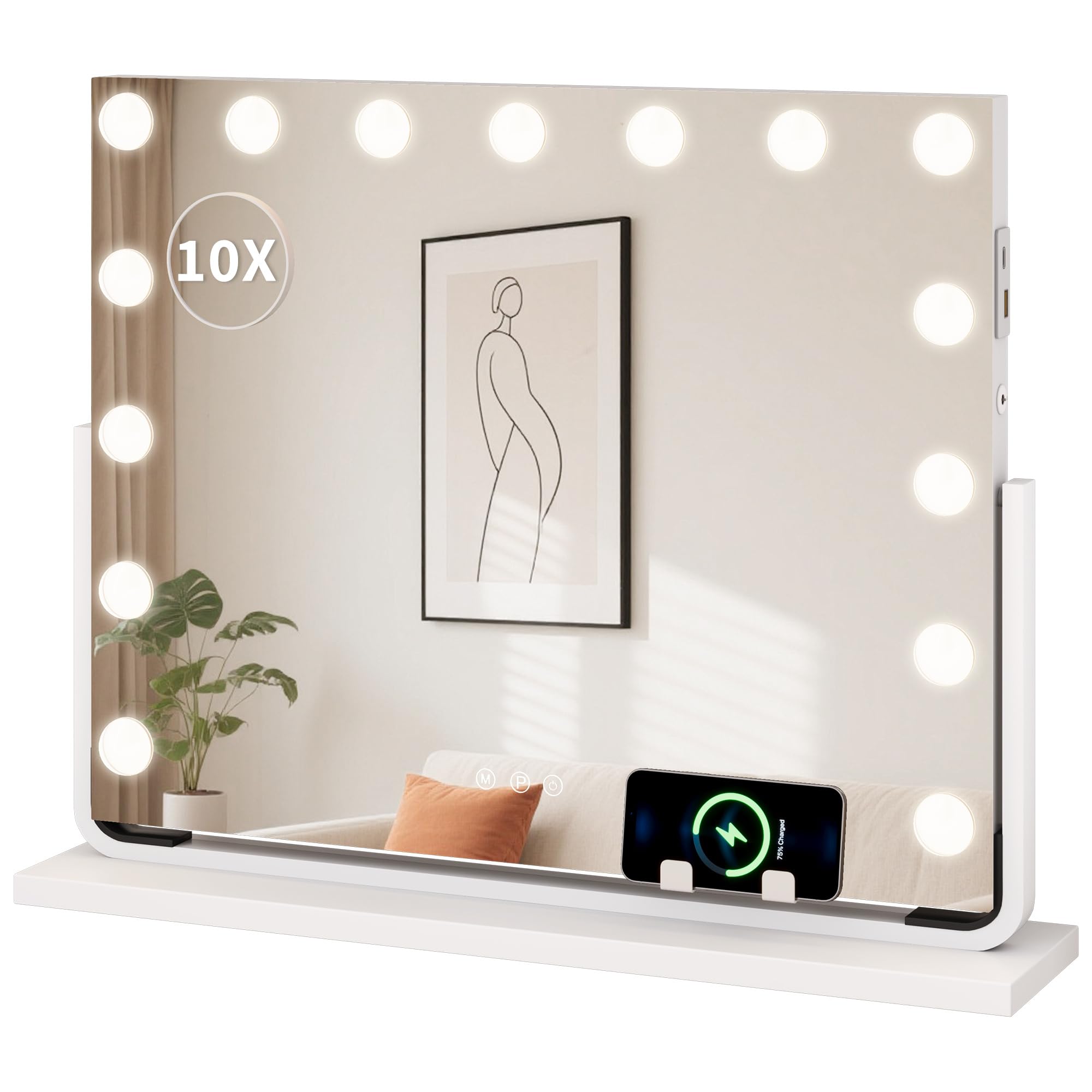 YITAHOME Specchio da Trucco 15 LED con illuminazione, Stile Hollywood con Connessione USB e Tipo-C, 3 Temperature di Colore Regolabili, Specchio Ingranditore 10X e Supporto per Telefono, 58x46 cm