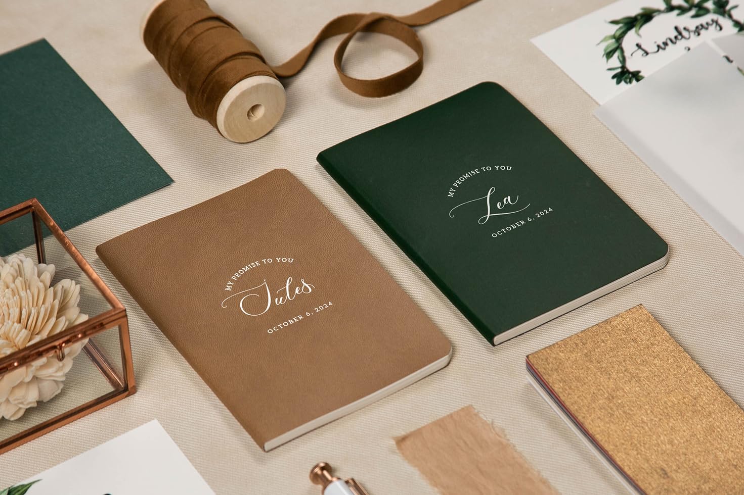 Personalized Slim Vow Books (Set of 2) - Soft Cover Wedding Ceremony Vow Booklets, Speech Notebook Journal, Gift for Newly Engaged Couple, 48 Lined Pages, Design 3, 5.75" x 4"