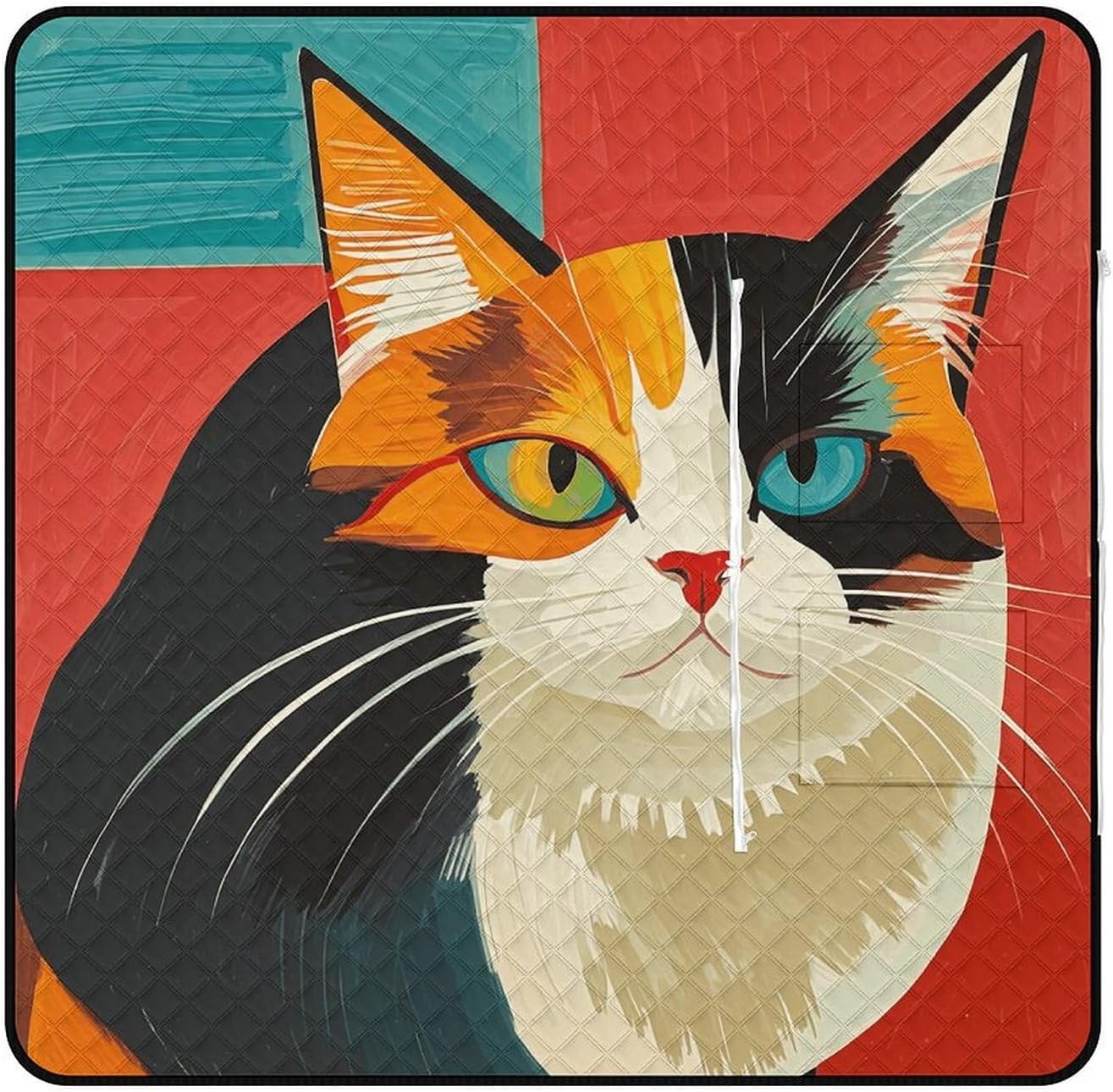 Modern Art Cat Picnic Blanket Zipper Style Waterproof Foldable Outdoor,Picnic Mat Foldable As A Shopping Bag for Ladies, Portable Outdoor Blanket for Camping