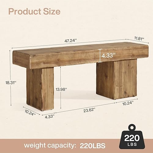 Miniatura 2 de Banco de madera maciza gruesa, banco de entrada rústico de 47 pulgadas con patas artísticas, banco de comedor resistente para cocina, sala de estar,