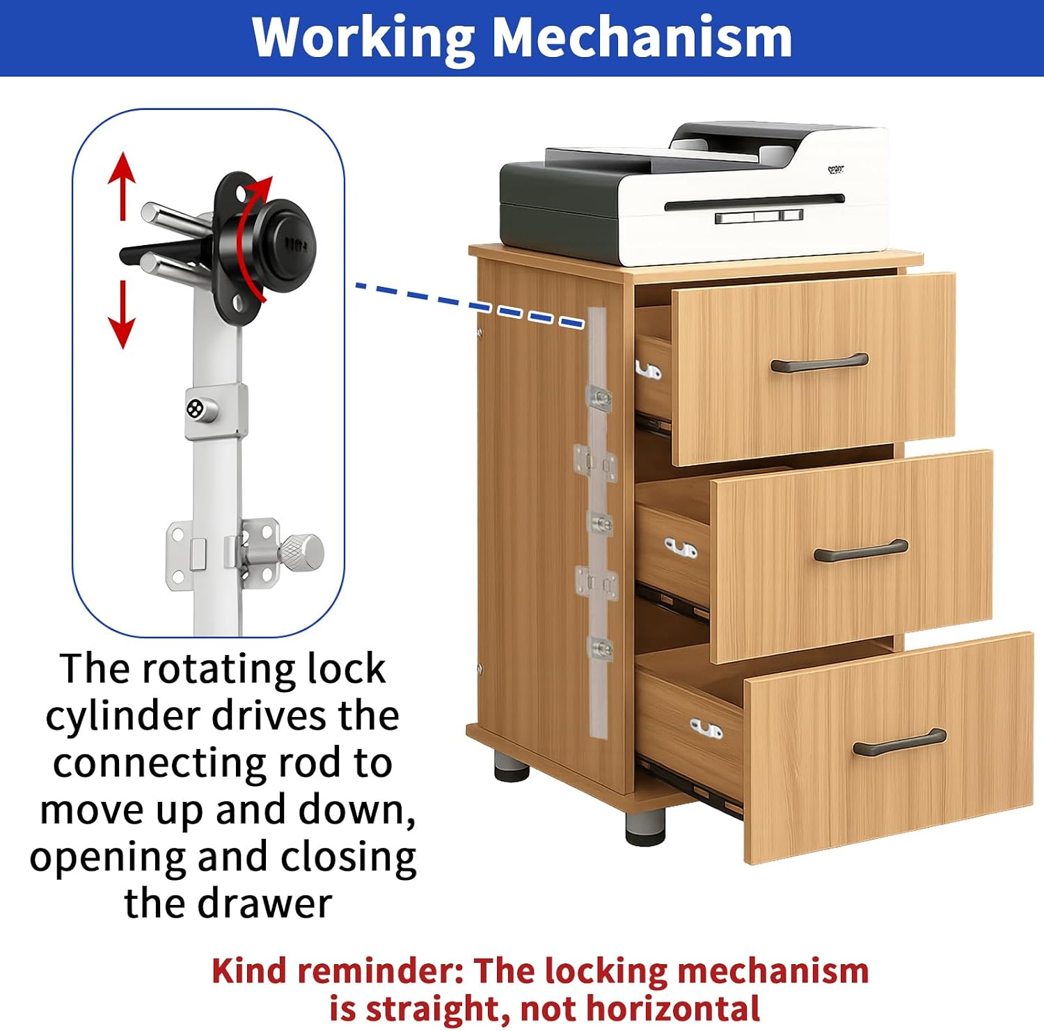 HOWDIA 2 Pcs Drawer Lock Cabinet Locks with Keys, Zinc Alloy Desk Locks File Cabinet Lock for Furniture Locker Showcase, Locking Rod Length 40mm, Cylinder Diameter 16mm (Black, Keyed Different) image 4