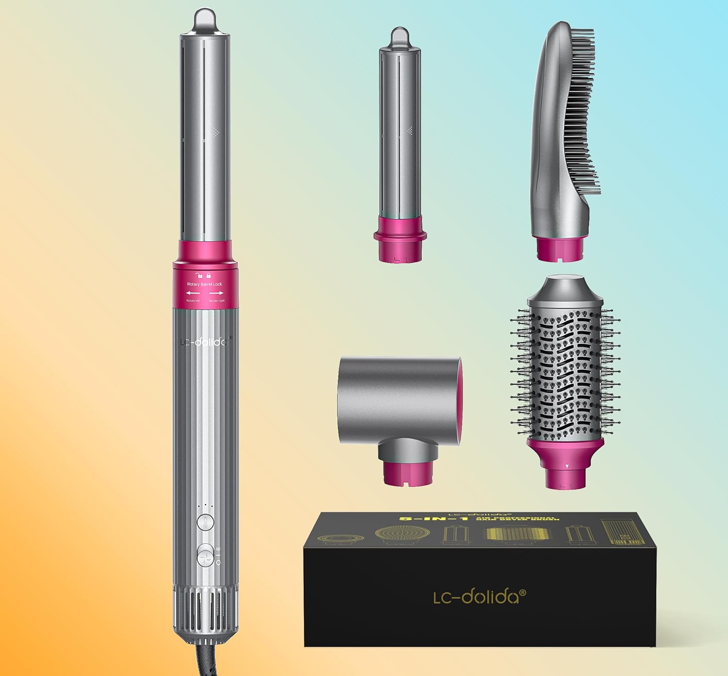 LC-dolida 5 in 1 Professional Hot Air Styler,Styling Without Heat Damage,Powerful Hair Dryer & Straightener Set, Fast Drying Curling Volumizing Straightening, 110 Volts, 1200 Watts（Silver）