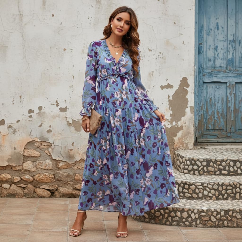 Women's Boho Floral Long Sleeve Maxi Dress, Deep V Neck Empire Waist Flowy Chiffon Dress for Wedding/Vacation/Party - Image 4