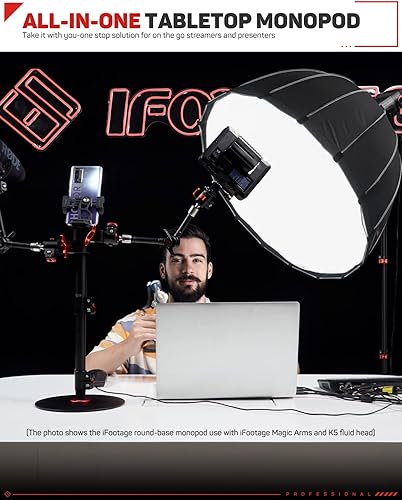 Miniatura 2 de IFOOTAGE Monopod de base redonda de 22 pulgadas, luz de cámara RGBW y soporte para teléfono, monopie de mesa, luz de cámara de video con control de