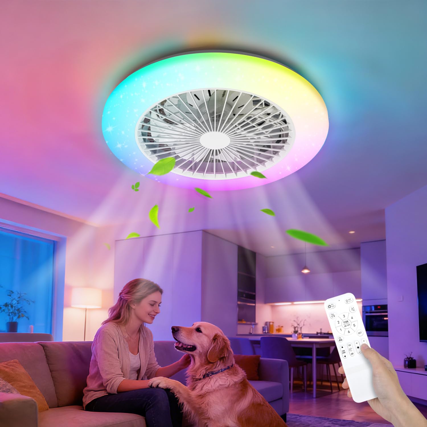 Aigostar Deckenventilator mit Beleuchtung und Fernbedienung, LED 46W, 4800LM, 2700K-6500K Dimmbar, Deckenlampe mit Ventilator RGB con Timerfunktion, Leiser DC Motor, 7 Flügel, φ48cm, Weiß