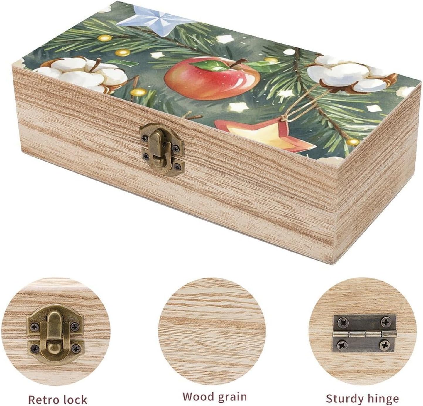 Christmas Tree Ornament Memory Jewelry Wooden Box, Large Wooden Treasure Chest Boxes with Hinged Lid, Photos Storage Case for Women Men, Wooden Keepsake Box, 7.9'' X 3.9'' X2.3''