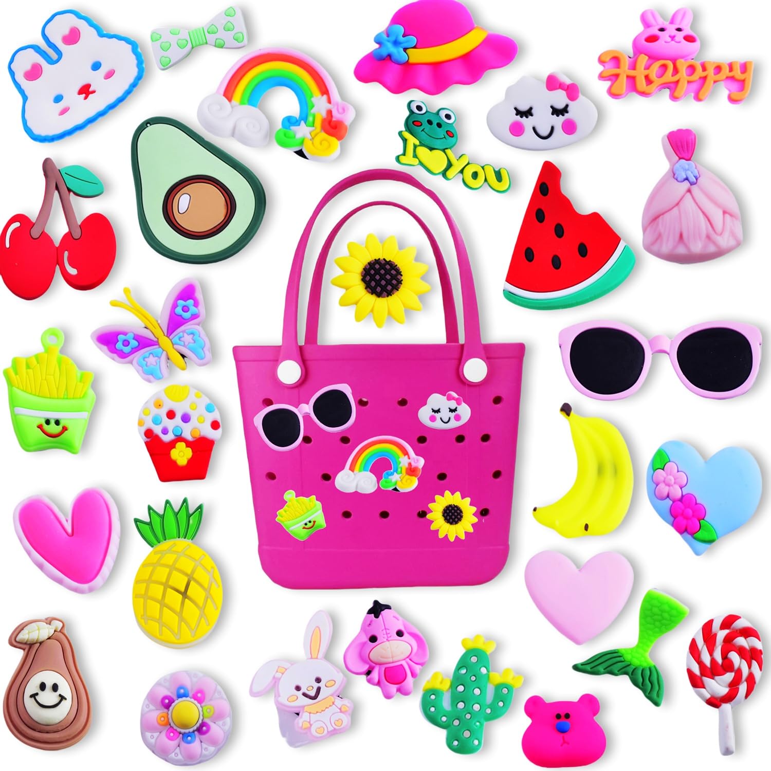 Charms for Bogg Bag Accessories 30pack Random Color Cute PVC Rubber Beach Bag Charms Decoration,Cartoon Bag Charm for Handbags Tote bags Girls Women Flower Charm