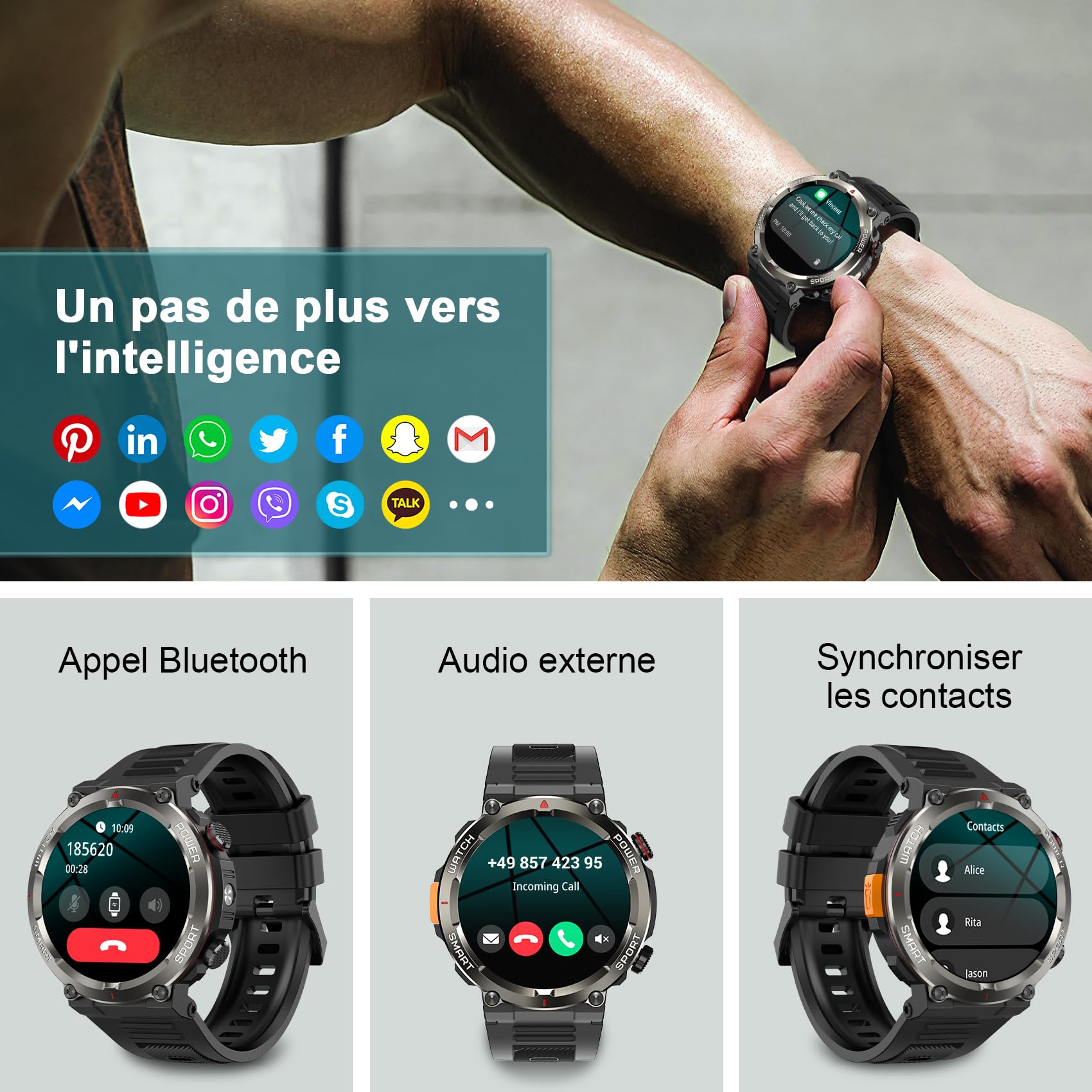 IOWODO Montre Connectée Homme, Appels Bluetooth, Whatsapp, 1,45" HD Ecran Tactile, Analyse Fréquence Cardiaque/SpO2/Sommeil, 120+ Modes Sportifs, IP68 étanchéité, Boussole, Android/iOS
