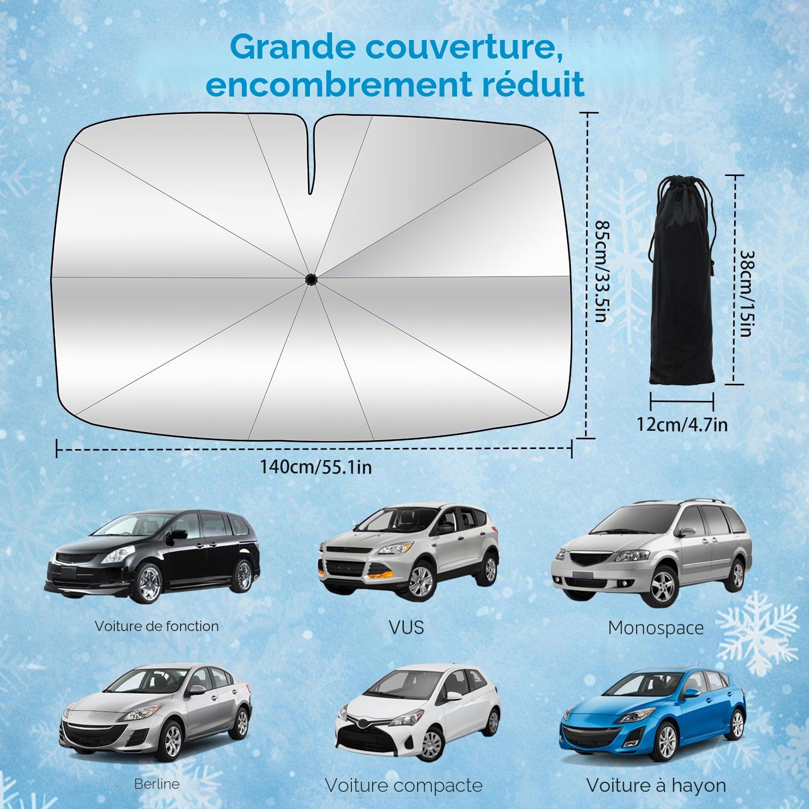Pare-Soleil Voiture Pare-Brise Avant, 145x85cm Grande Taille,Protection UV & Anti-Chaleur Pliable Poignée rotative elliptique, avec Découpe pour Rétroviseur – Idéal pour SUV et pour Voiture.