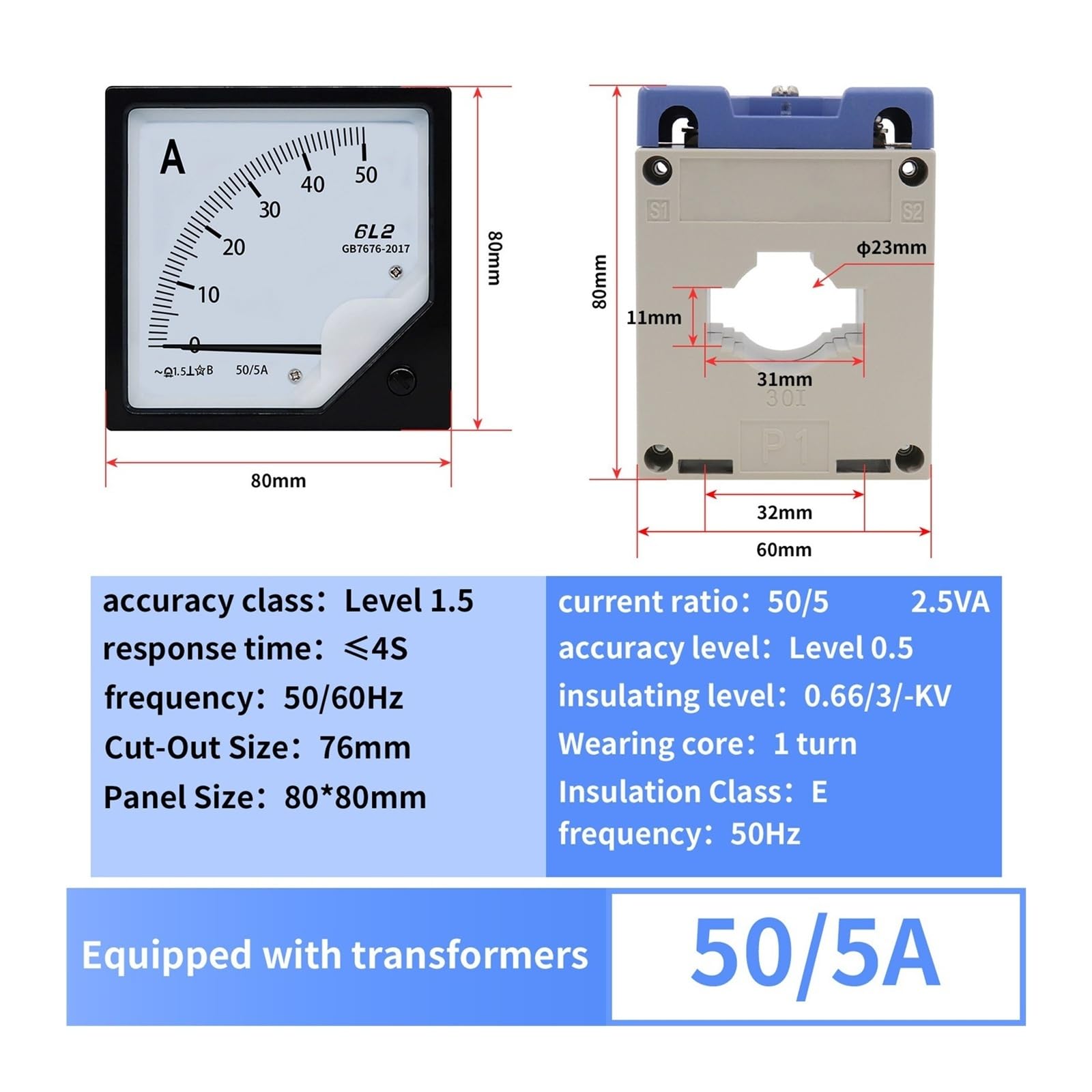 Amperímetro de CA 6L2 30A/5-800A/5, equipa cable de cobre con orificio de 30mm/40mm a través de transformador de corriente de bajo voltaje(Black)