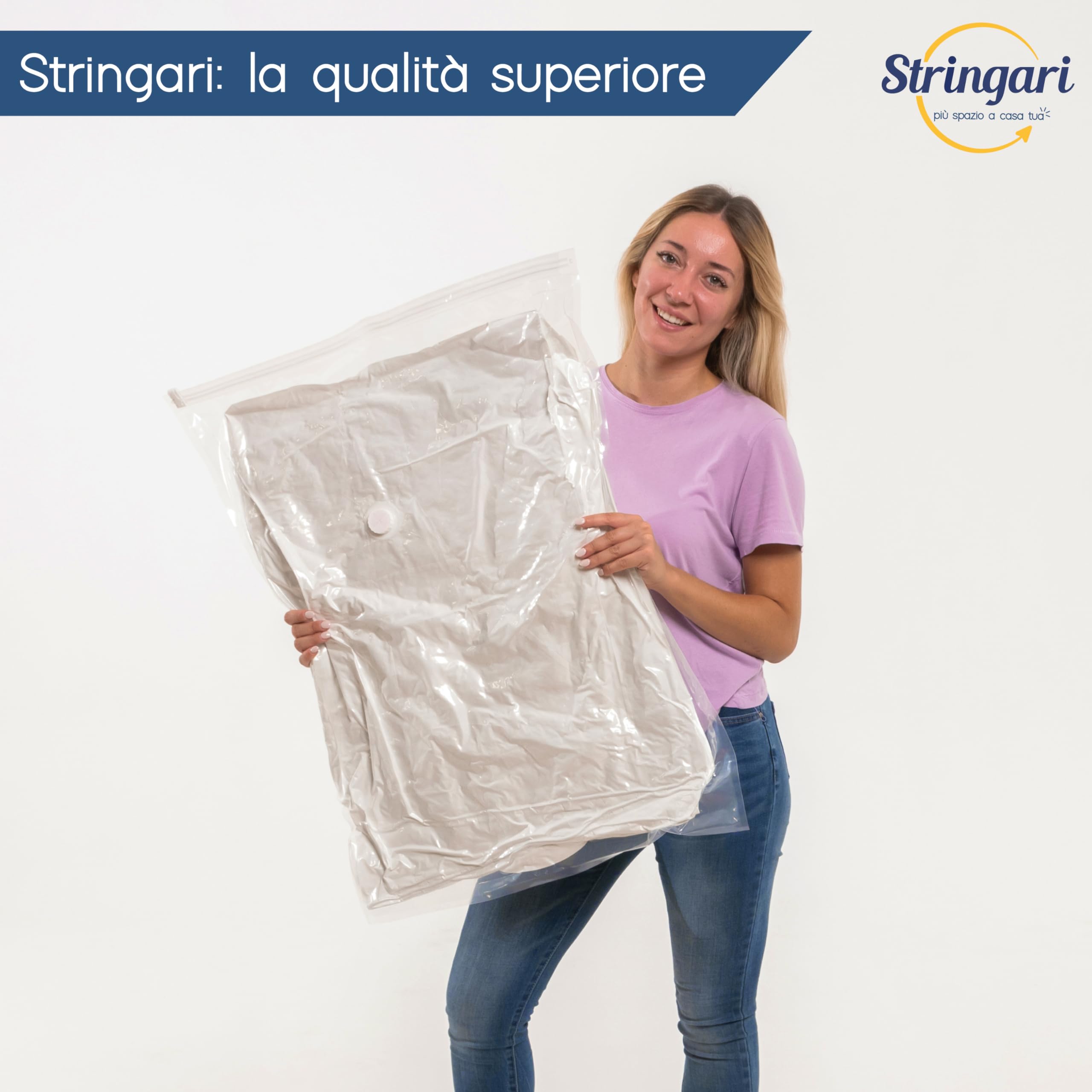 Stringari 4 Sacchi L 80x60 cm - Sacchetti Sottovuoto Vestiti con Spessore 90 Micron - Buste di Qualità Superiore per Piumoni - Sacchi Salvaspazio per Armadi e Cambio Stagione