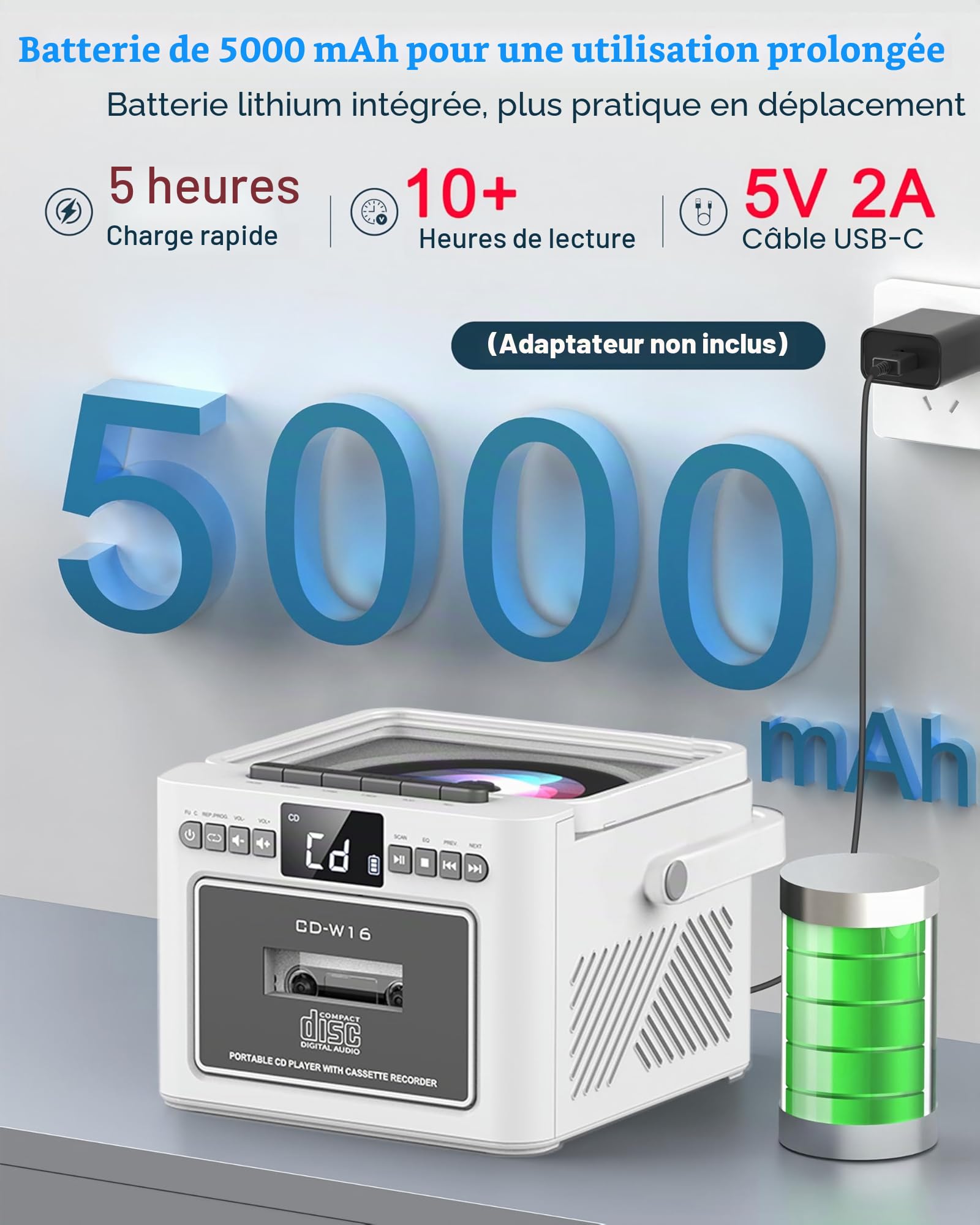 Greadio Lecteur CD Portable, Lecteur Cassette Audio, Bluetooth, Télécommande, Radio FM, AUX/USB/SD Card-in, Batterie Rechargeable 5000mAh, Haut-Parleurs 5W, écran LED (Blanc)