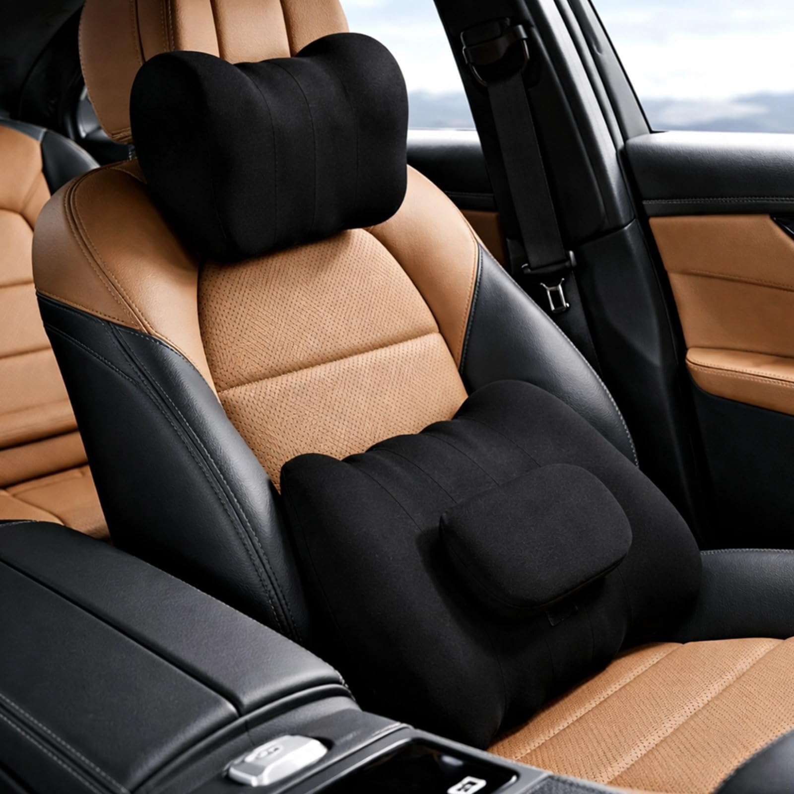 Juego de soporte lumbar y de espuma viscoelástica para coche, vibración eléctrica, agarre ergonómico en forma de C, simulando masaje de manos, negro clásico, regalo con caja y tarjeta