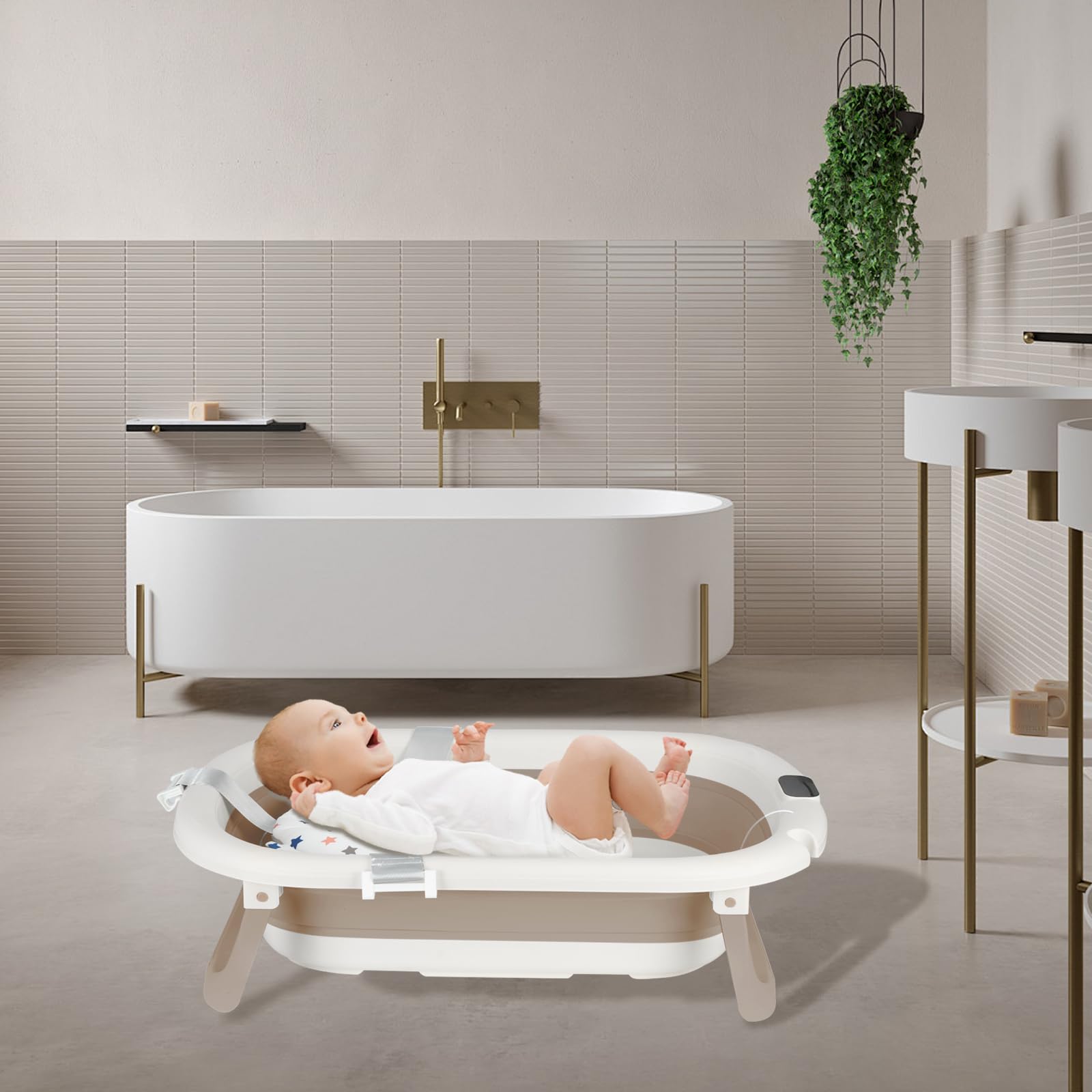 Vasca da bagno pieghevole per neonati, con tappo di scarico e visualizzazione della temperatura e cuscino per sedile, ultra compatto, piedini antiscivolo, A-43 x 71 x 18,5 cm (cachi)