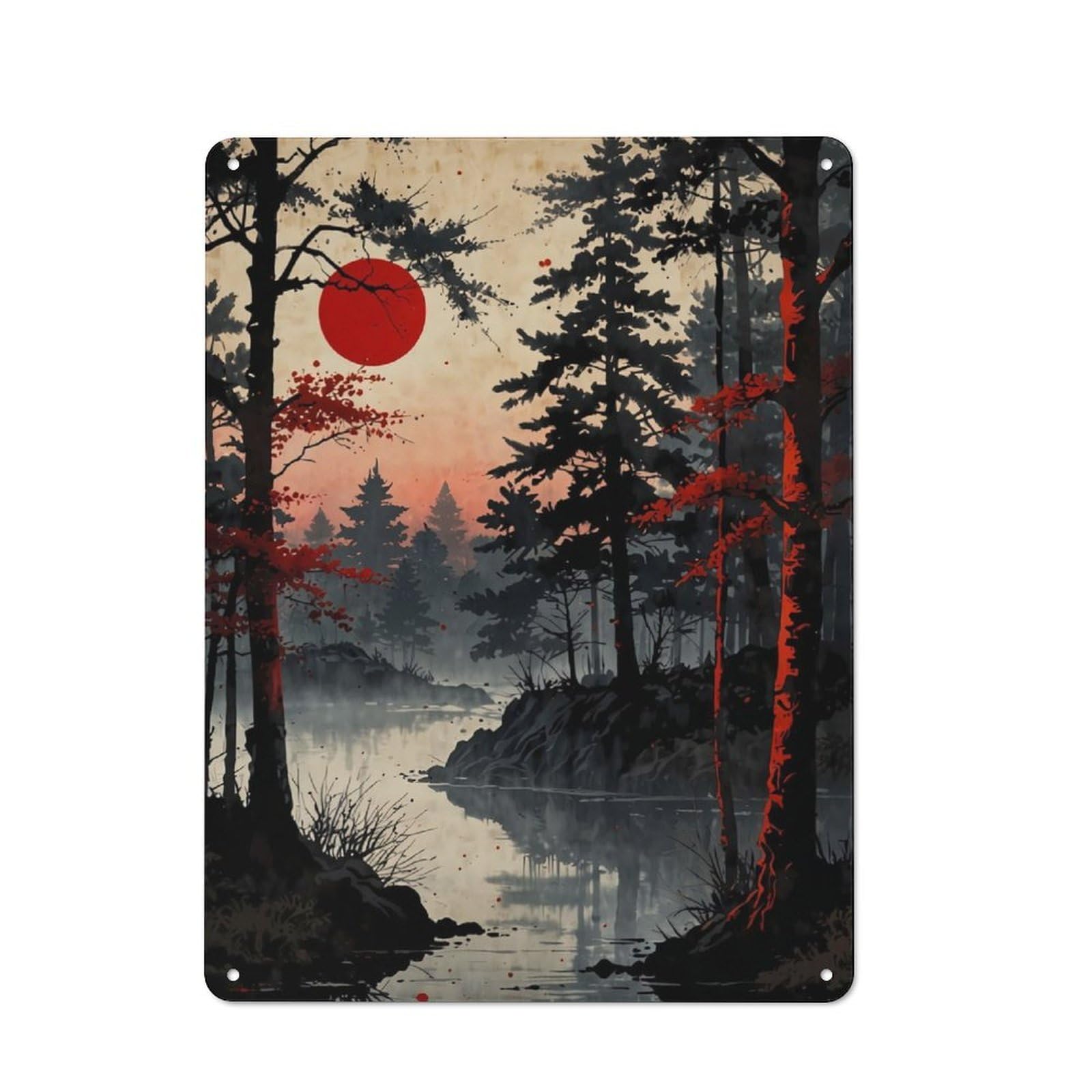 Misty Red Moon Metal Wall Plaque 40x30cm, Vintage Nostalgic Wall Art for Bedroom, Office, Home Bar Or Dining Room