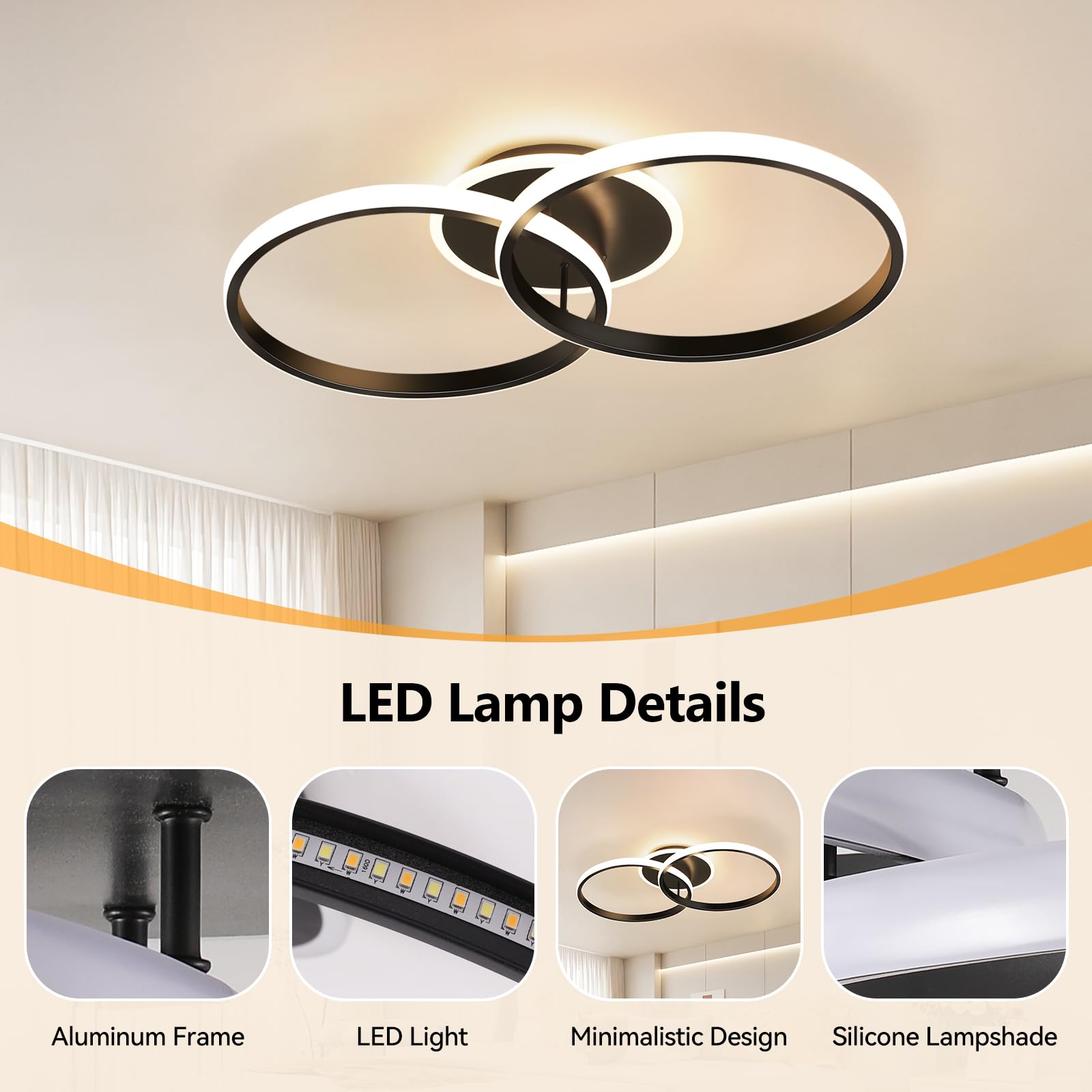 Plafonnier LED Moderne 36W, 3000K/4500K/6500K Lampe Plafond 4320lm CRI≥80, Luminaire Plafonnier pour Salon, Chambre, Bureau, Cuisine et Couloir avec Fonction Mémoire Noir