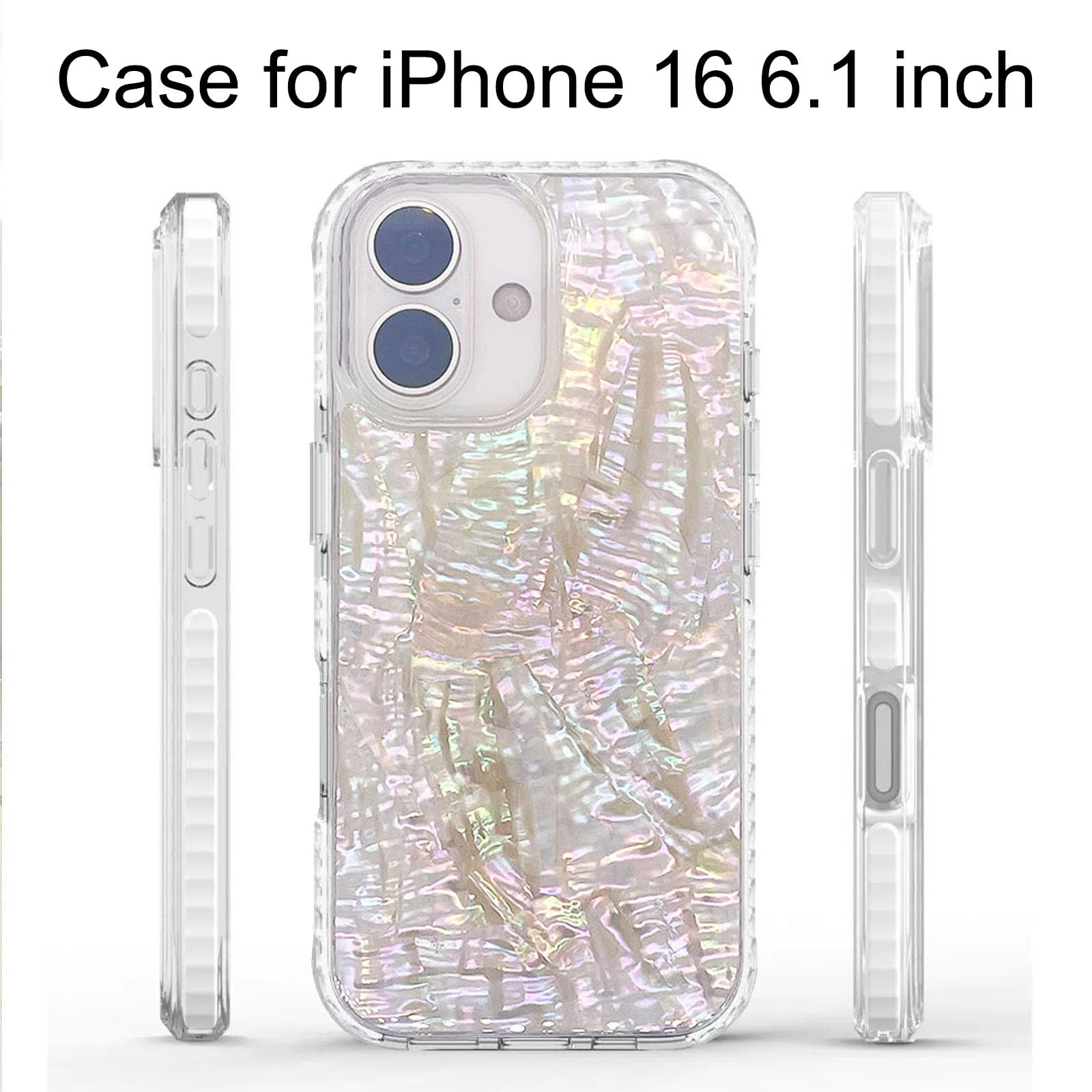 Funda magnética para iPhone 16 de 6.1 pulgadas, compatible con MagSafe Charging Bling Shiny Real Seashell Pattern Protective Cute Cover (perla translúcida iridiscente)
