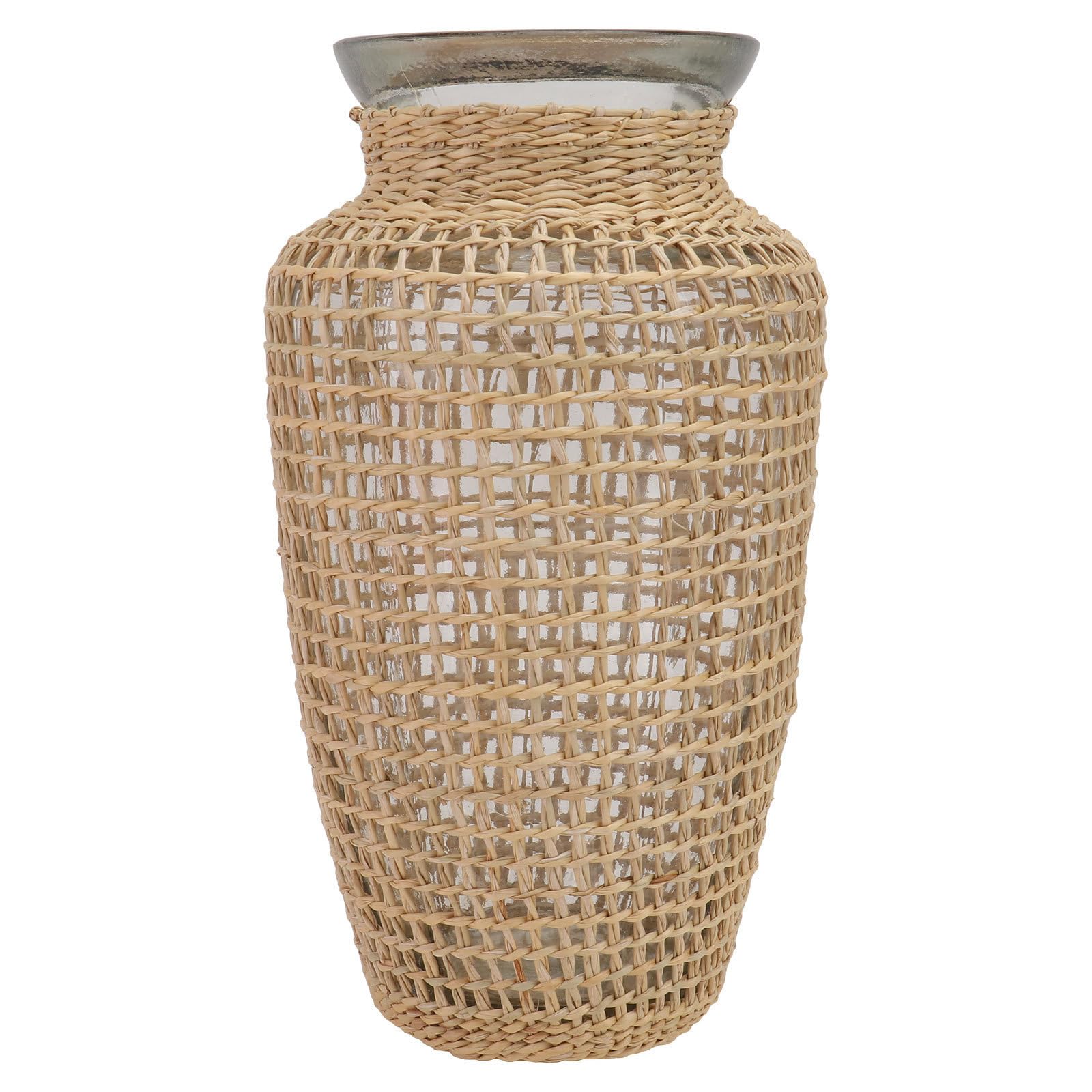 Vase en verre kaki et rotin pour décoration de bureau et plantes au style nordique