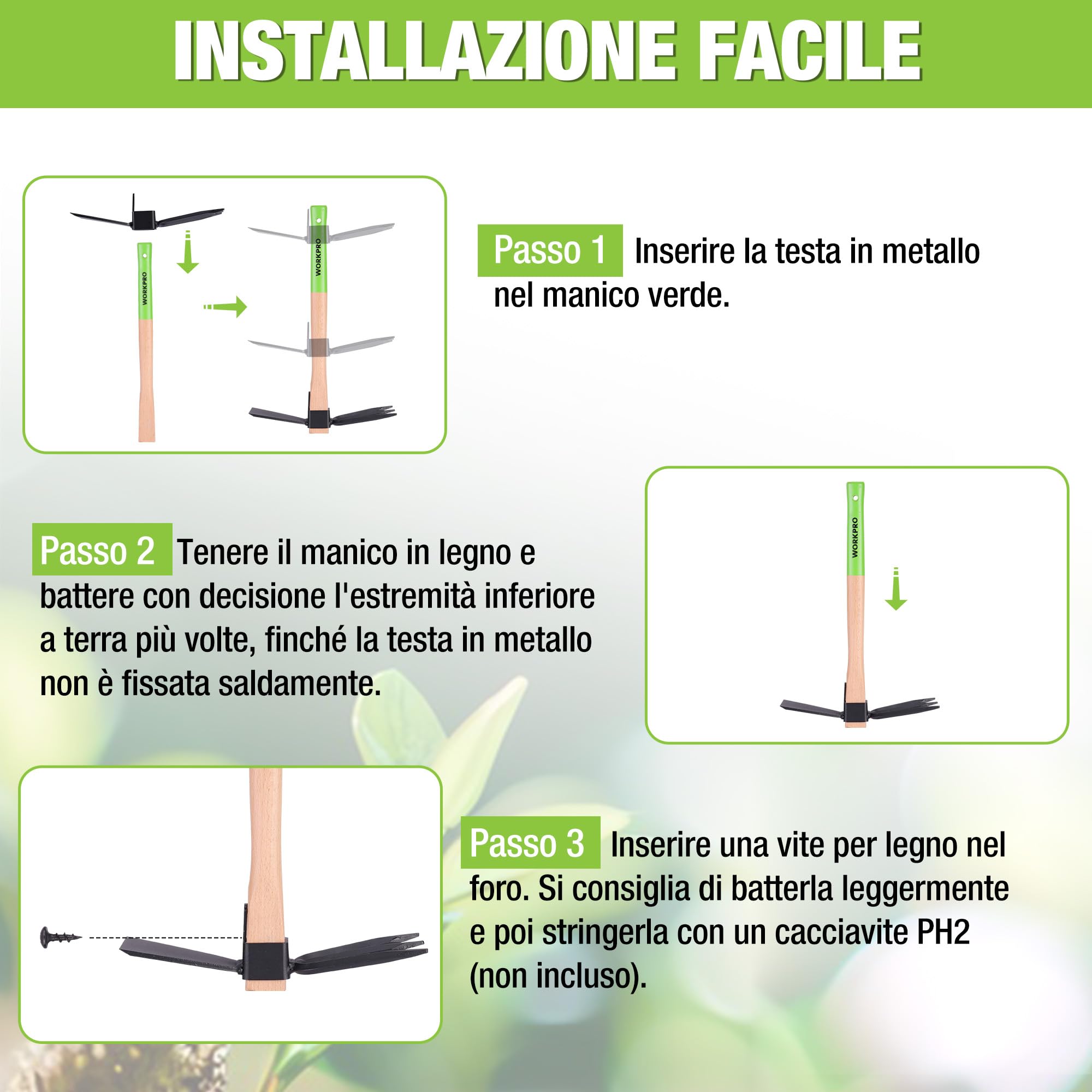 WORKPRO Zappa e Coltivatore 2-in-1 – Rastrello da Giardino con Manico in Legno da 36 cm, Lama Affilata e Denti a 3 Artigli, Attrezzo Pesante per Scavare, Smuovere il Terreno, Sarchiare e Coltivare