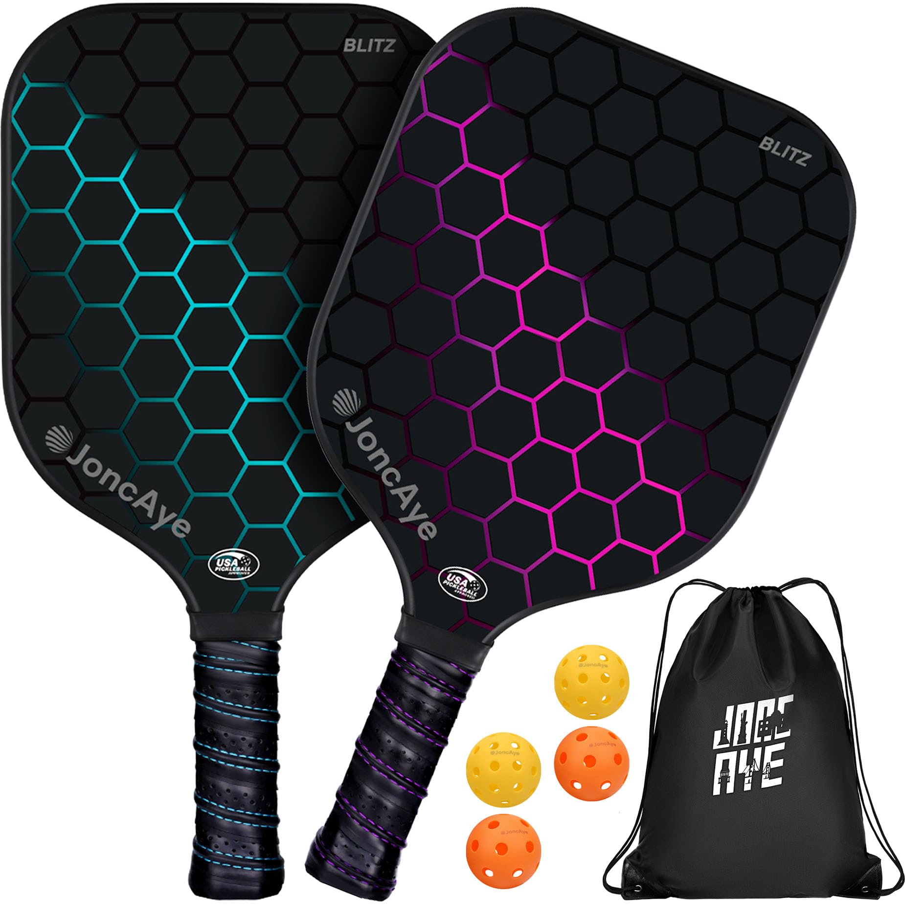 JoncAye Pickle-Ball-Paddle Set of 2 with Outdoor Indoor Balls, Paddle Bag | USAPA Approved Pickleball-Rackets 2 Pack for Kids Adults | Fiberglass Pickleball Racquets Pink Blue for Women Men