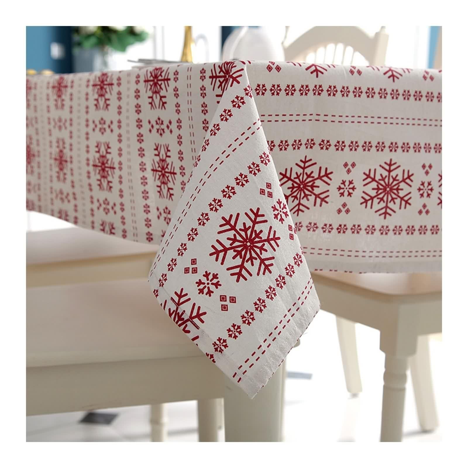Tischdecke Vintage 140X180, Tischdecke Klein Beige Rot Polyester Baumwolle Schneeflocke Bestickt Table Cover für Geburtstag Party Hochzeit