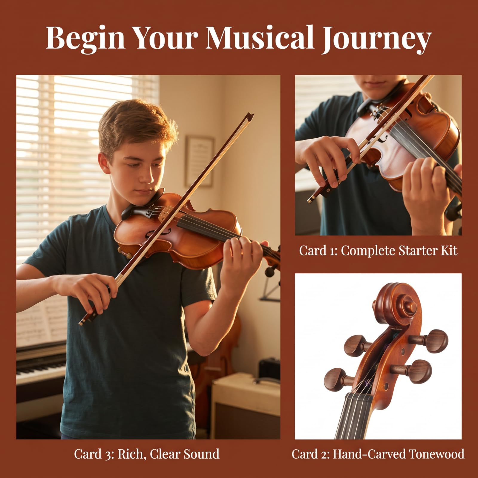 Violín para principiantes, kit de iniciación de violín acústico de tamaño completo 4/4, instrumento musical de cuerda con funda, 2 arcos de violín, 2 puentes, cuerdas, colofonia, paño de