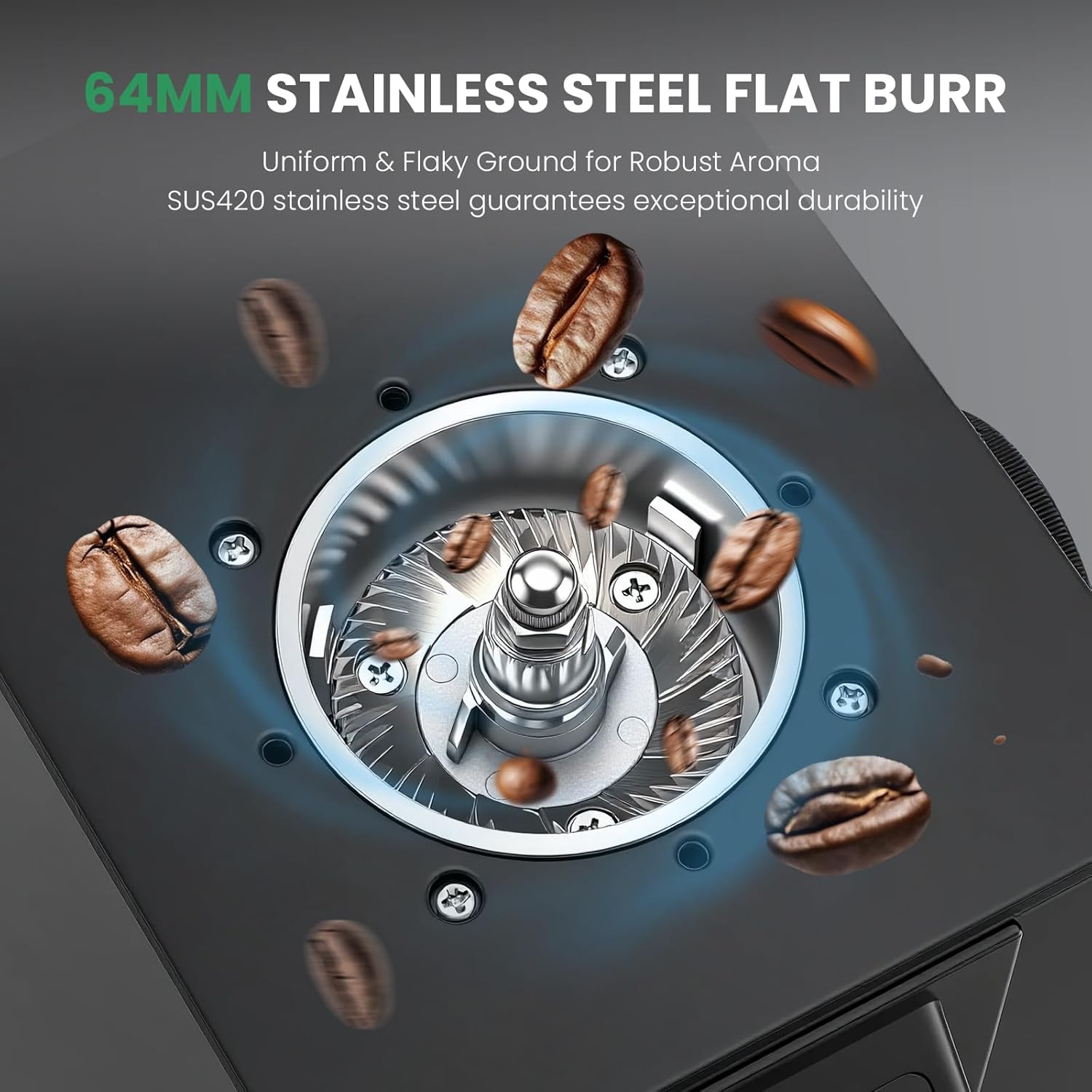 Huanyu Commercial Coffee Grinder, Built-In 58mm Auto Tamper, 64mm Flat Burr, Anti-Flying Grounds Outlet, 35OZ Hopper, 14 Grinding Settings, Smart Buttons for Cafés