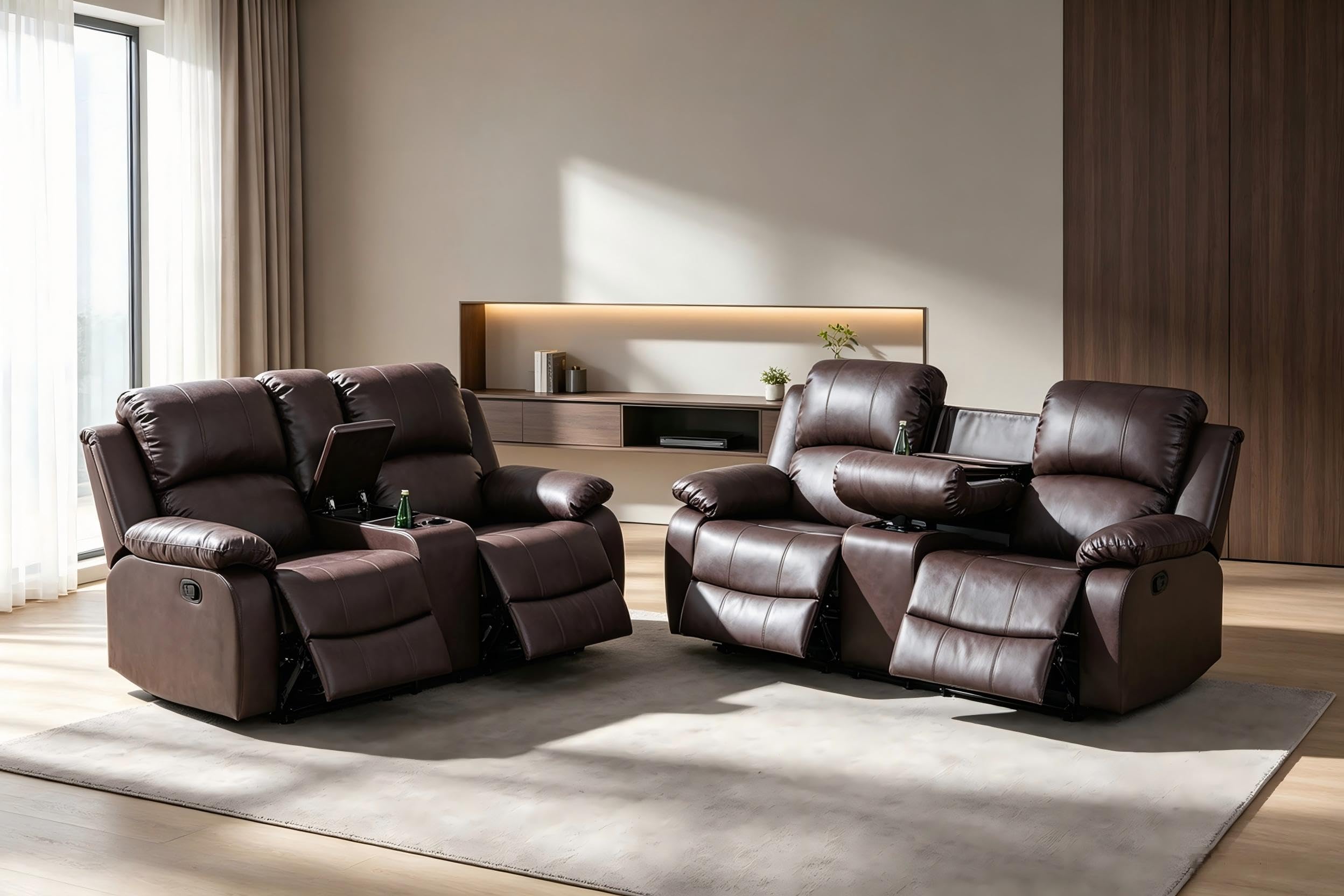 Toseslo Living Room Furniture Sets, Manual Reclining Sofa and Lovseat Set with Drop-Down Table, Leather Recliner Couch Sets, Recliner Sofa with Storage Console/Cup Holder for Home/Apartment(Black) view 2