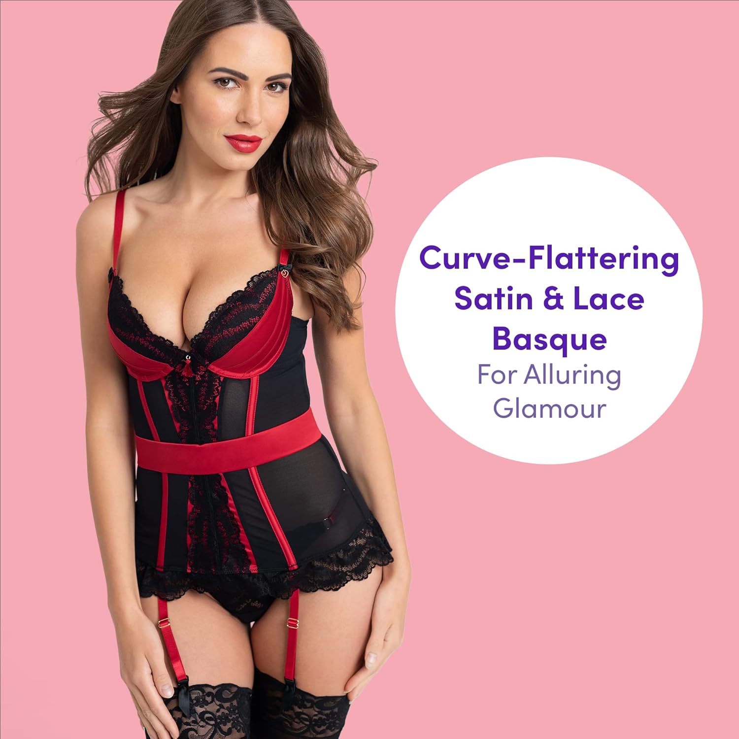 Lovehoney Red Empress Satin and Lace Basque Sexy lingerie Set - Underbust Corset Styled Bustier Top with G String & Garter Straps - Medium: 6-8