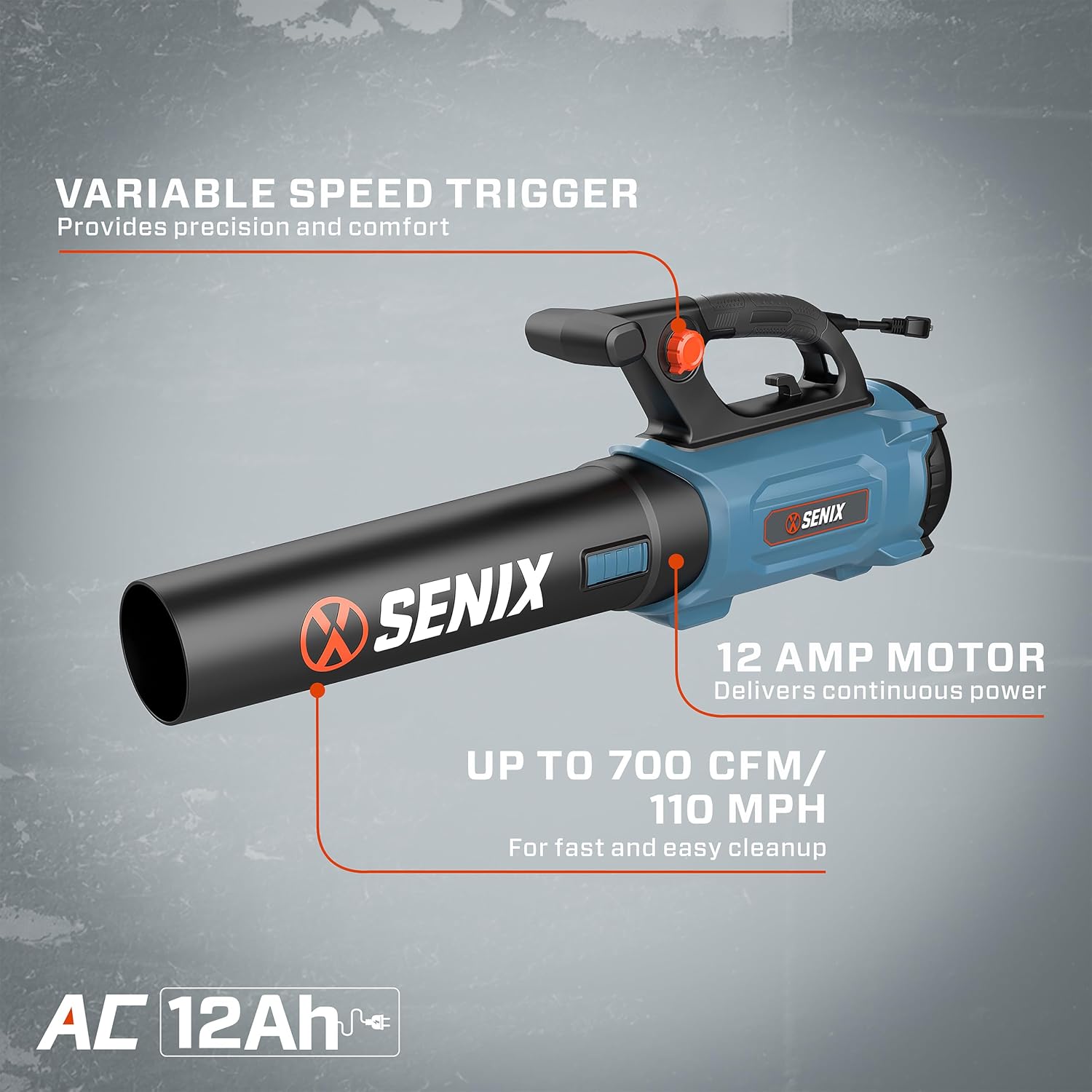 SENIX 12 Amp Electric Leaf Blower, 700 CFM & 110 MPH, 120V Corded Leaf Blower with Cruise Control Speed for Lawn Care