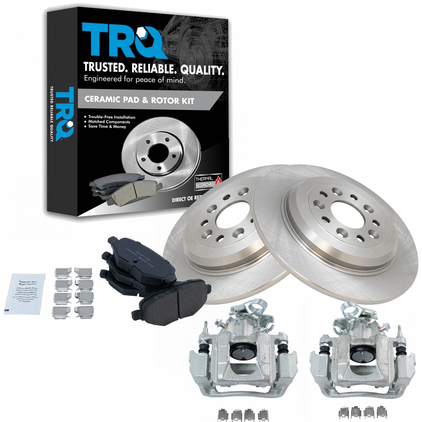 TRQ Rear Brake Pad and Rotor Set Ceramic Solid Rotors Calipers