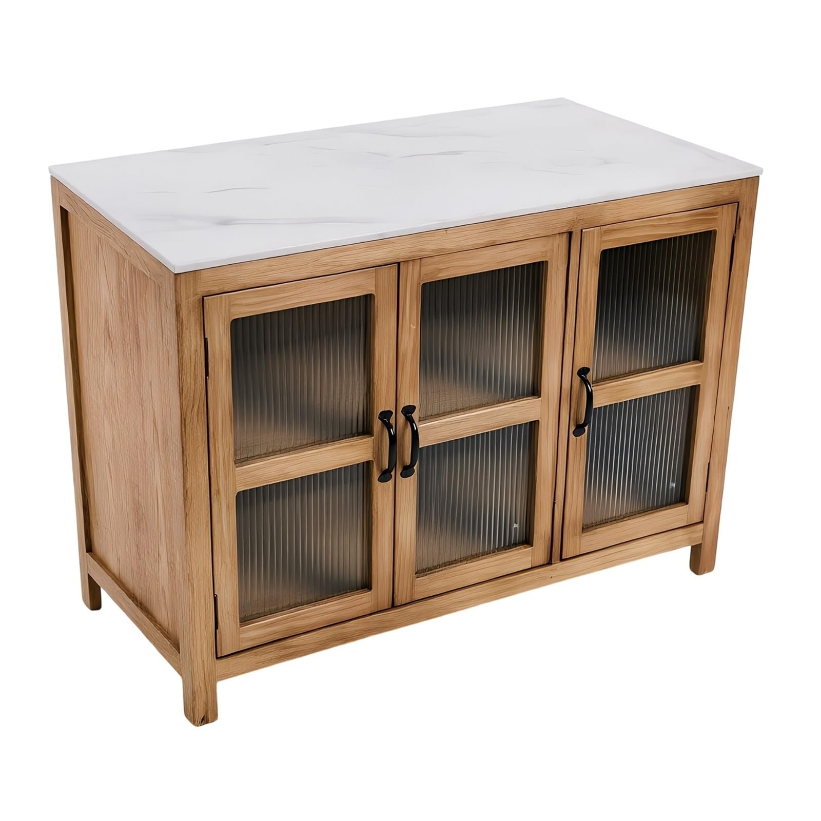 Carro de Cocina Isla de Cocina de Madera con Puertas de Vidrio Estriado Aparador Buffet con Tapa de Piedra sinterizada