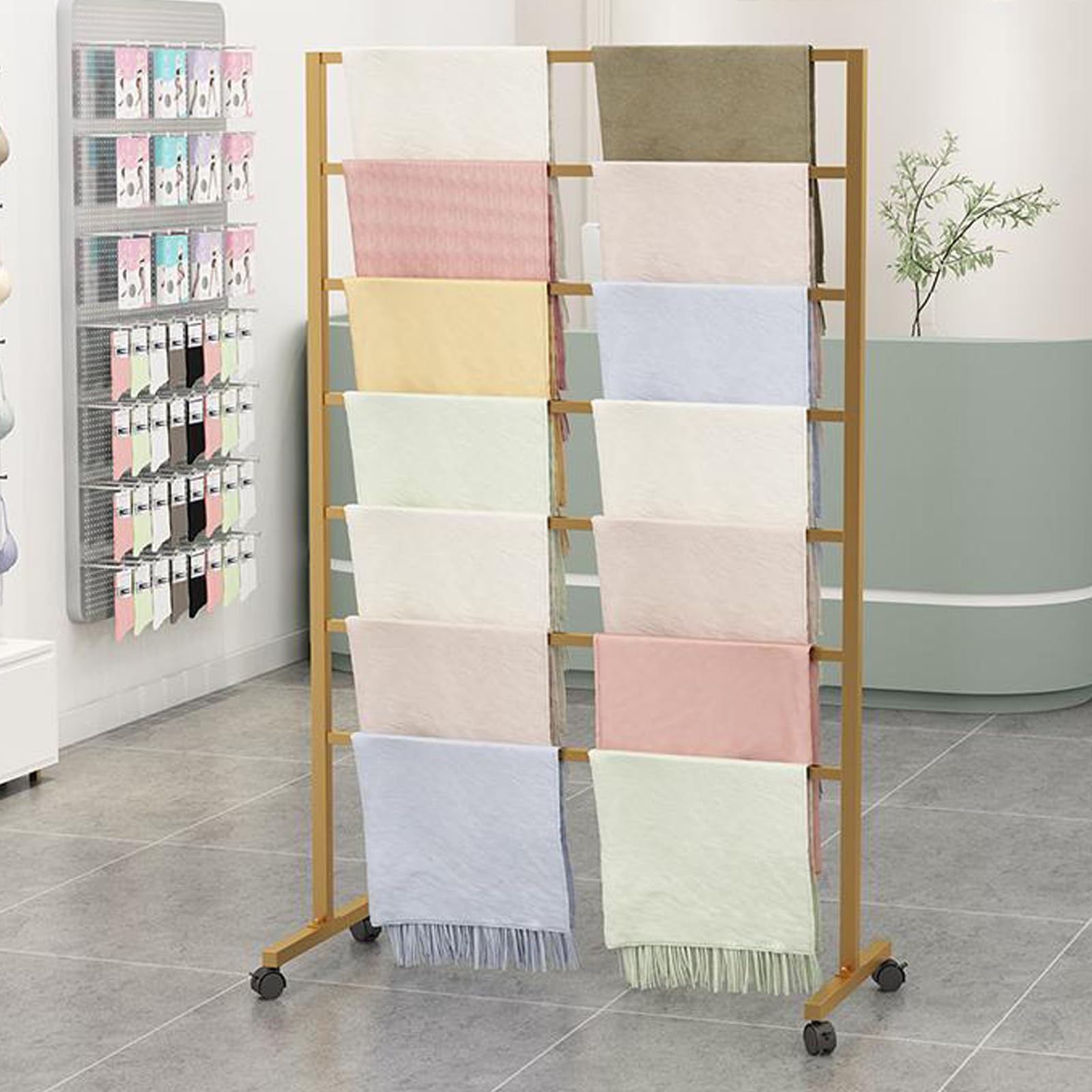 OLSKFUH Pull-Out Trouser Rack Removable Pull-Out Rack Wardrobe Storage Expandable Space Saving Drawer-Style Hanger Rod Rolling Trolley,Movable Freestanding Metal Scarf Display Ra,Gold-80x40x145cm