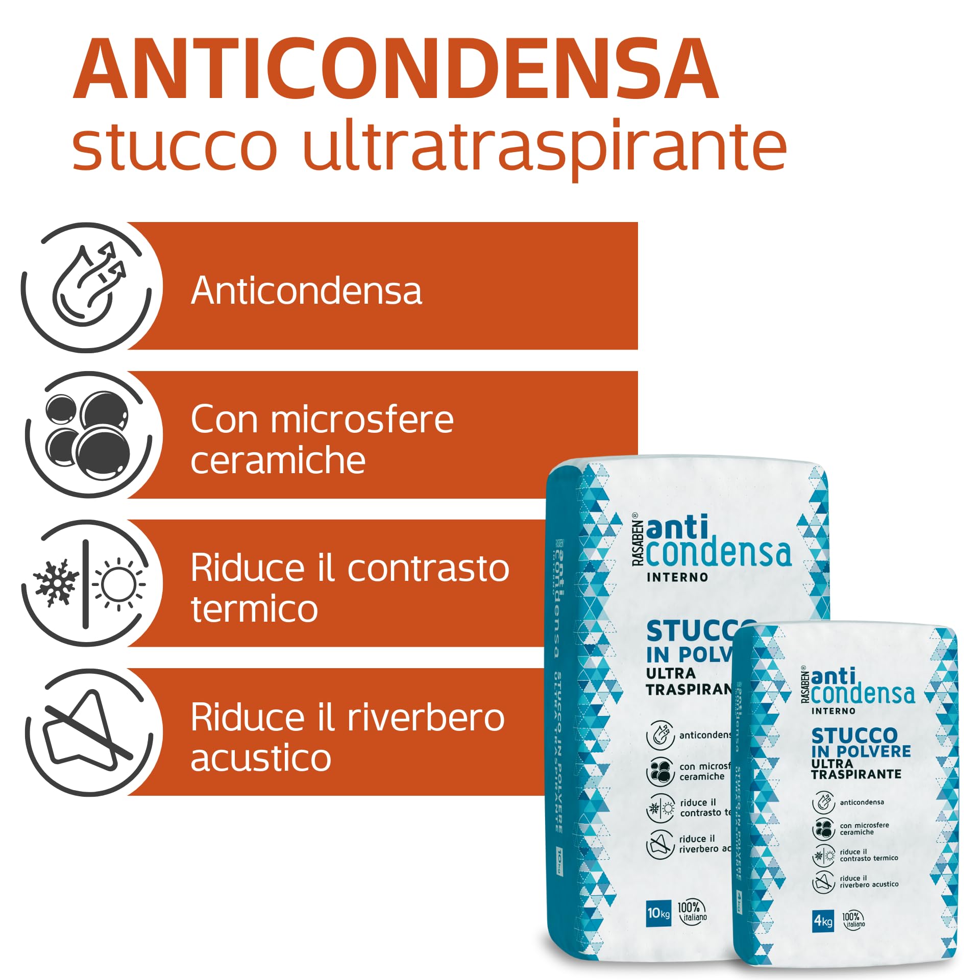 RASABEN - Stucco in Polvere Anticondensa con Microsfere Ceramiche, per Ambienti poco Ventilati, Riduce il Riverbero e il Contrasto Termico, Ultra Traspirante, Uso Interno, Made in Italy, Sacco da 4kg