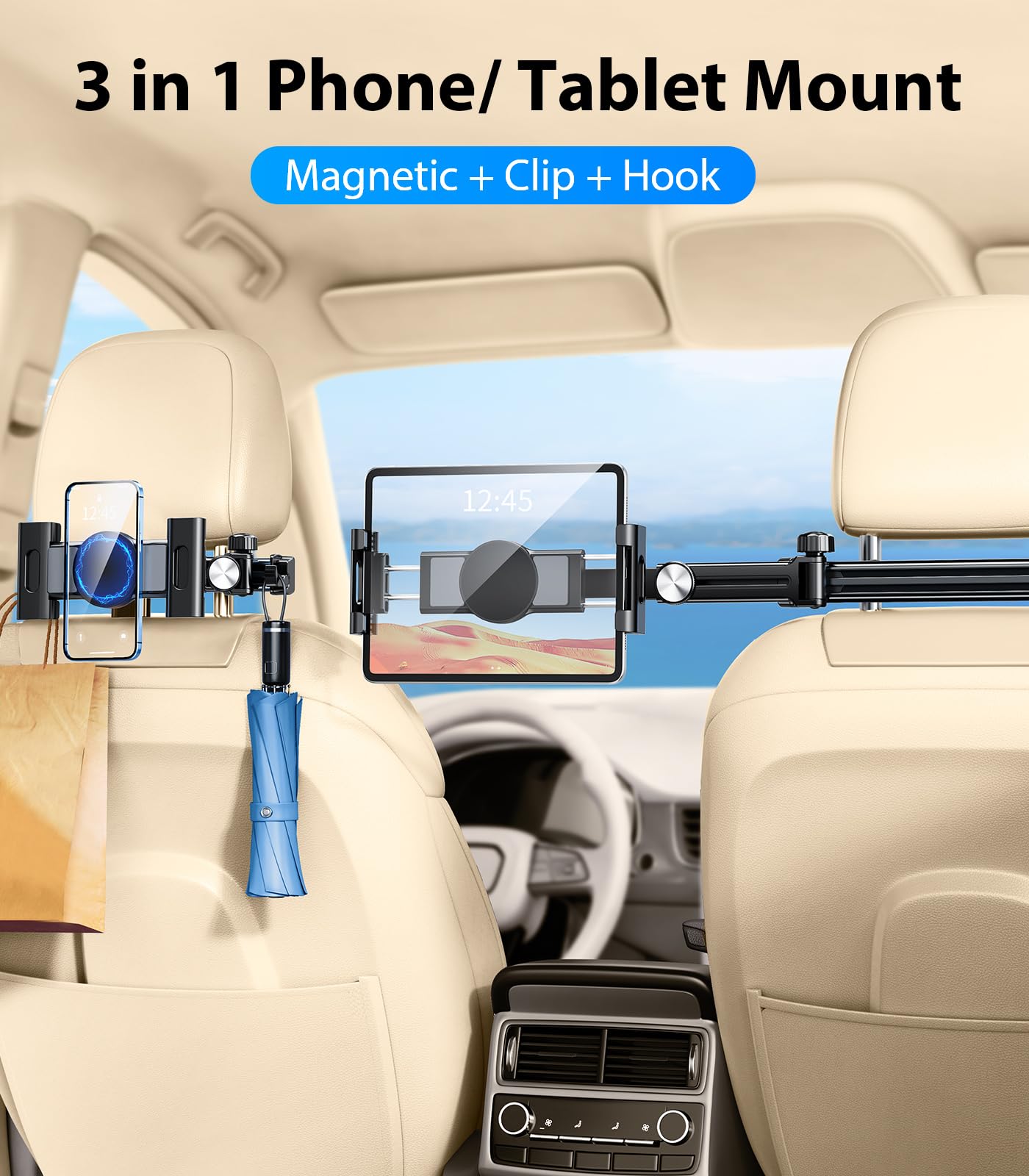 HIYJEN 3 in 1 Extension Arm Tablet Holder for Car Headrest with Magnetic Phone Mount Compatible with Magsafe, Adjustable iPad Holder for Car Backseat Rear Facing for Kids Baby, Fit for 4.7