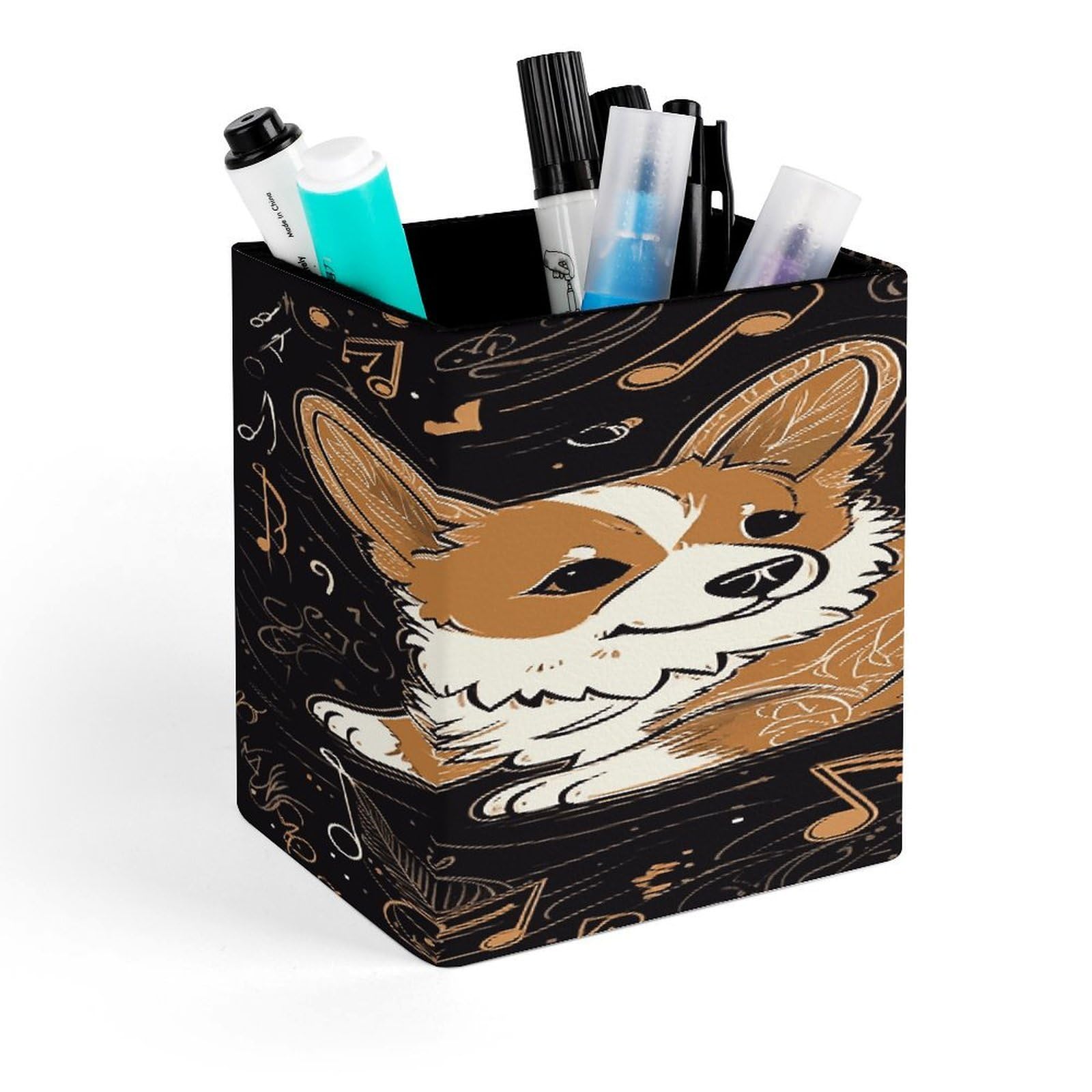 JTREHY Corgi Who Loves Music Pen Holder Square Pen Pencil Holder Makeup Brush Holder Cup PU Leather Pencil Cup Desktop Caddy Stationery Organizer Case Office Accessories Container Box