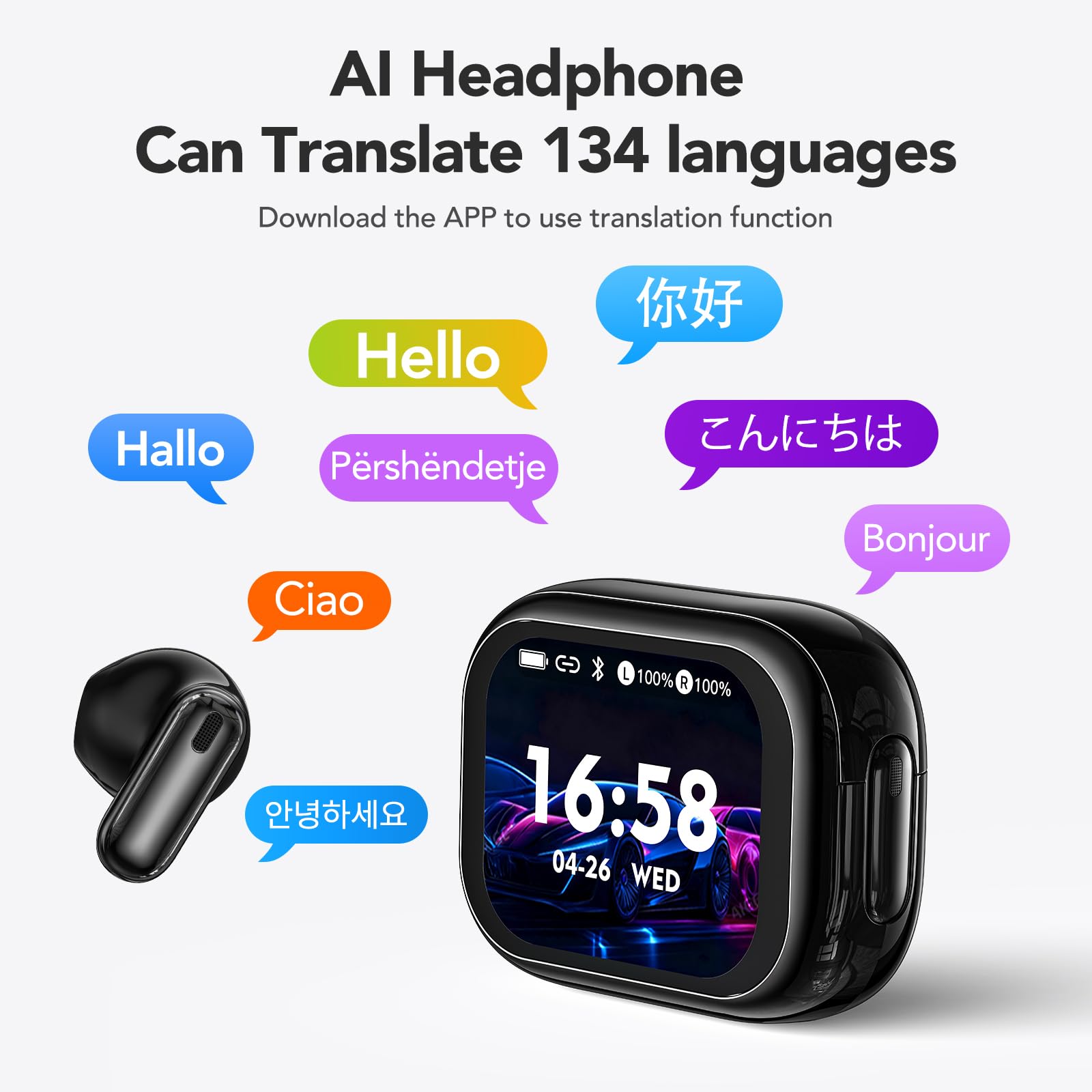Écouteurs Traduction Instantané 134 Langues Bluetooth Sans Fil avec Écran Tactile Noir