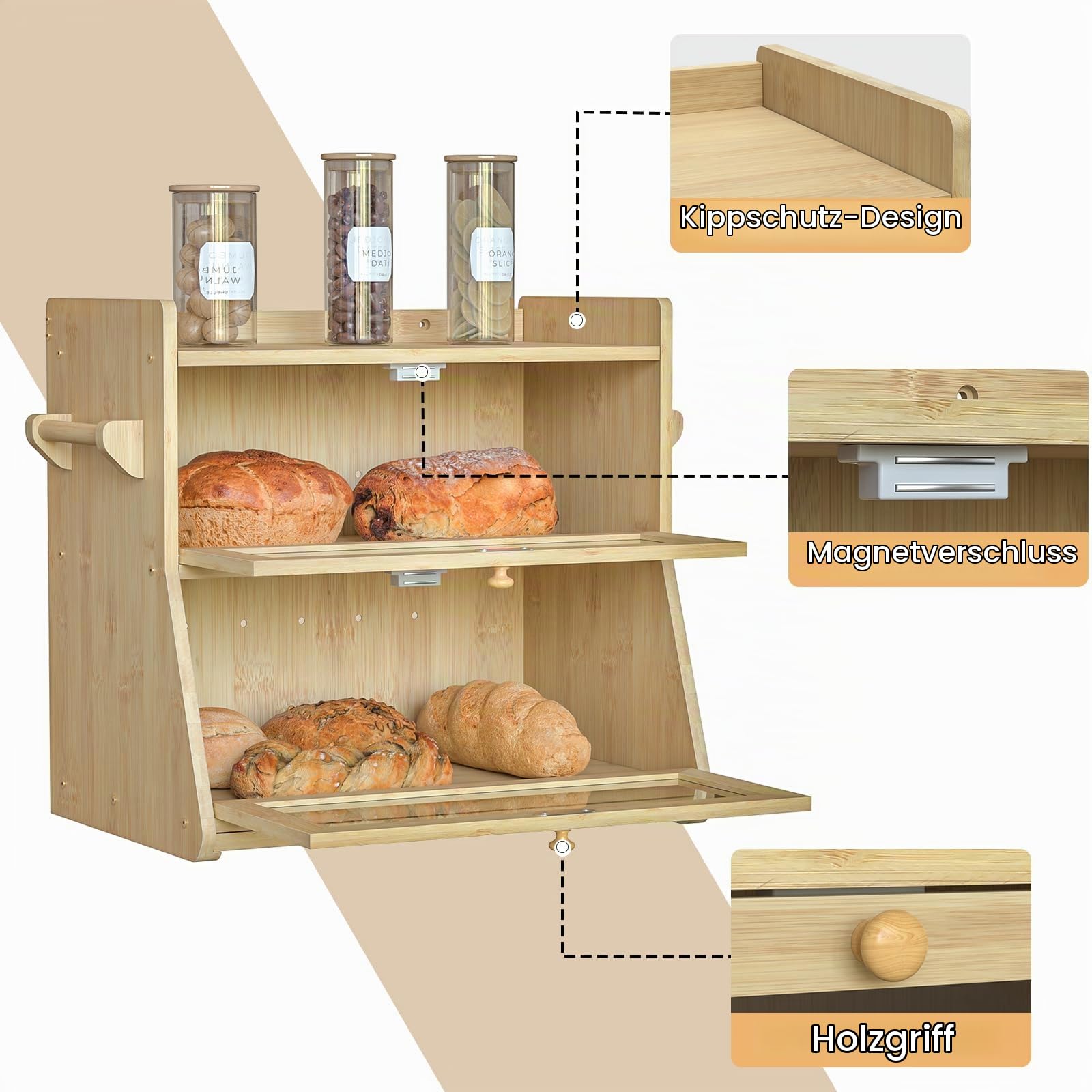 Brotkasten Natur Bambus Brotbehälter Brotaufbewahrungsbox mit 2 Etagen, Holz Brotbehälter Brotaufbewahrung lebensmittelecht pflegeleicht Visualisiert Brotbox