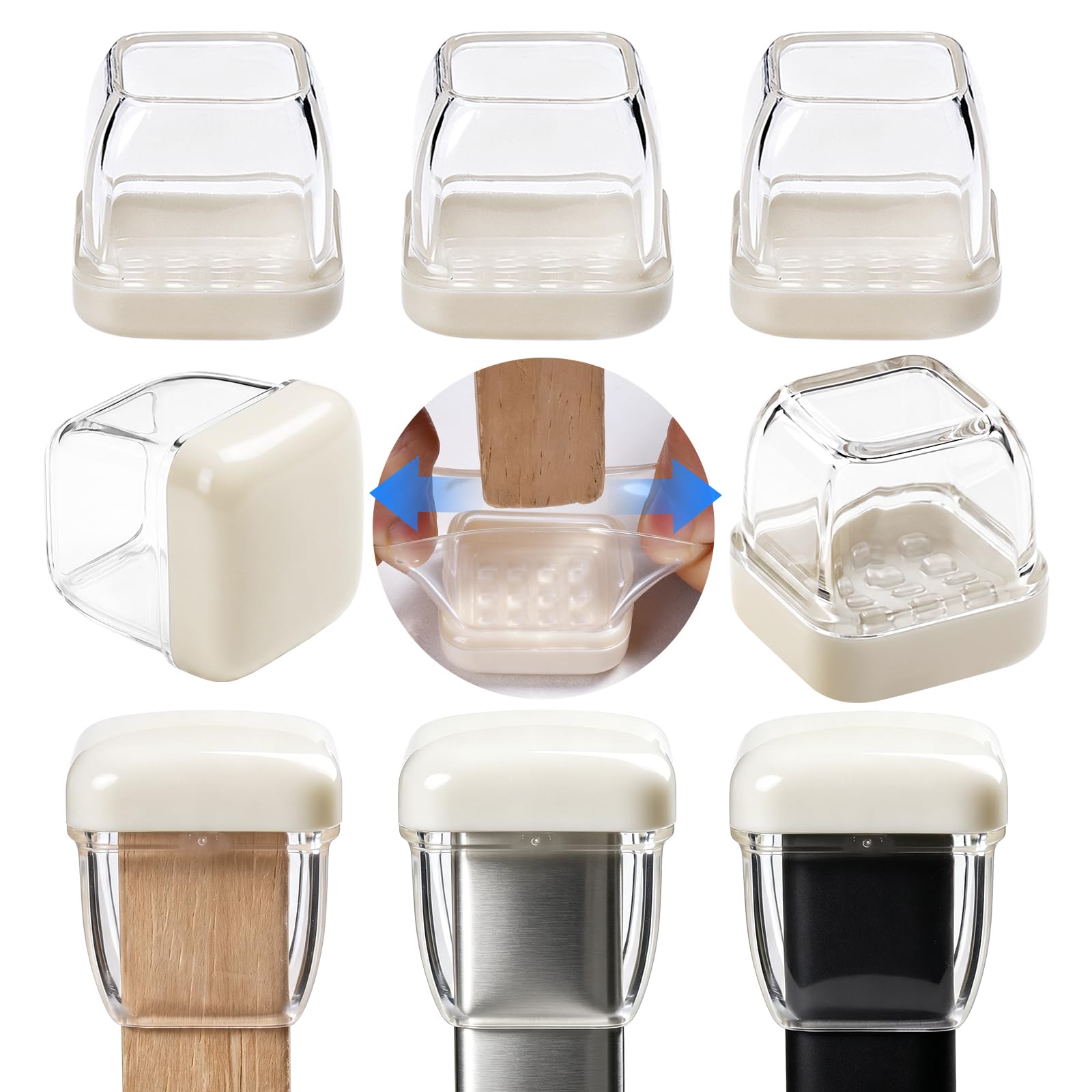 RCHYFEED 24 PCS Clear Teflon Chair Leg Floor Protectors,1" Chair Leg Floor Protectors Sliders for Carpet, Silicone Furniture Leg Caps Cups Gliders, Smoothly Slide No Scratches Transparent Square