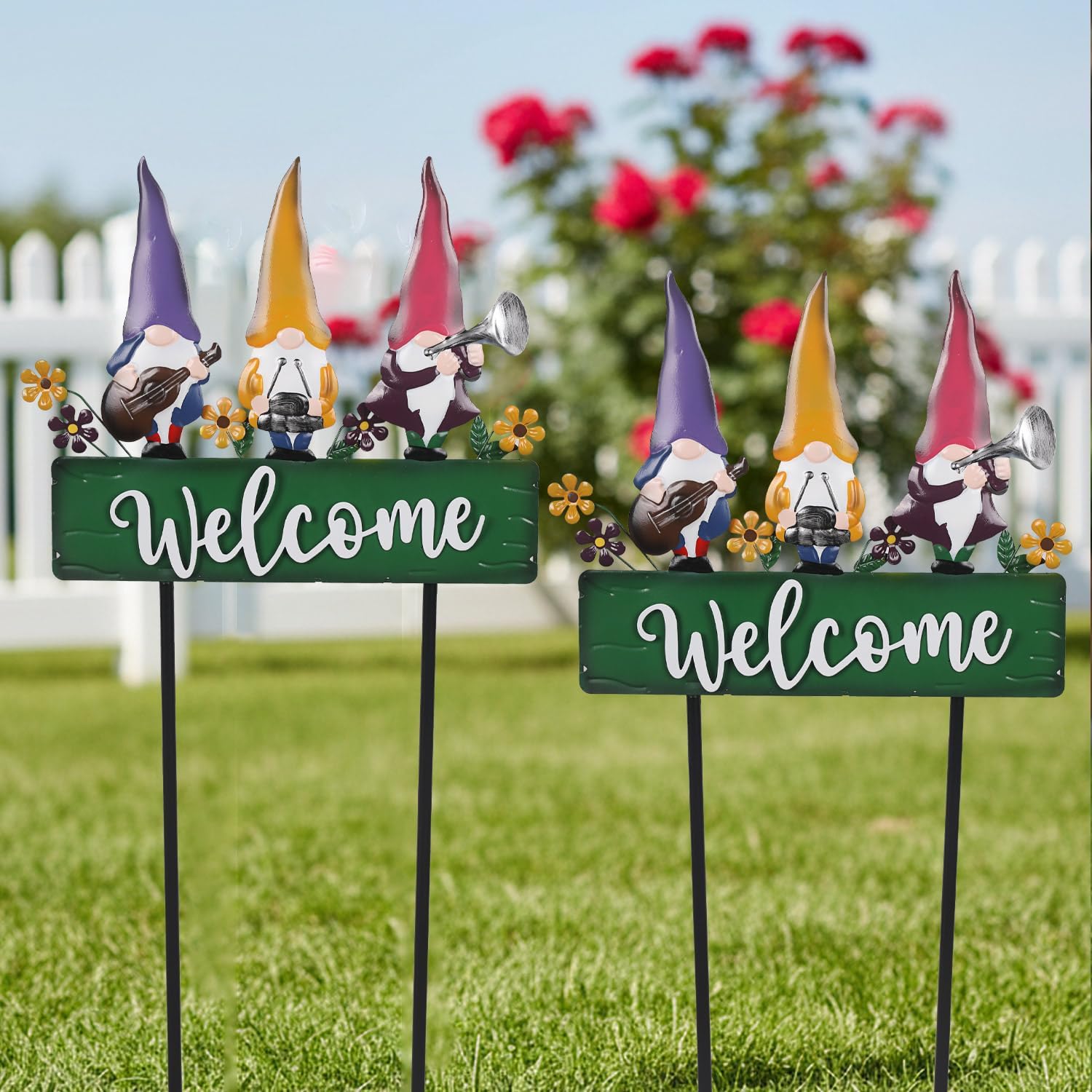Spring Gnomes Decorations for Yard with Garden Welcome Sign, Large 43.3inch Musical Gnome Decorative Garden Stakes Metal Yard Art for Outdoor Lawn Decorations
