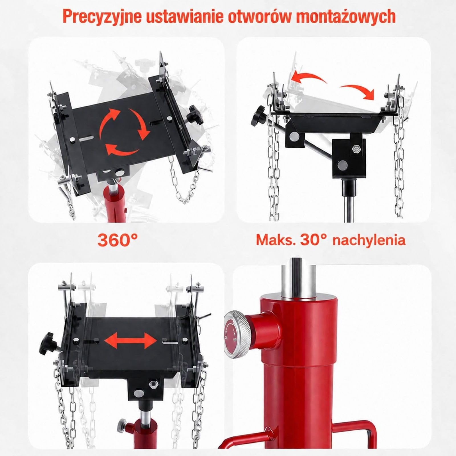 Hydrauliczny podnośnik skrzyni biegów, udźwig 500 kg, pedał nożny, koła obrotowe 360 stopni, rama X, czerwono czarny, do garażu warsztatu